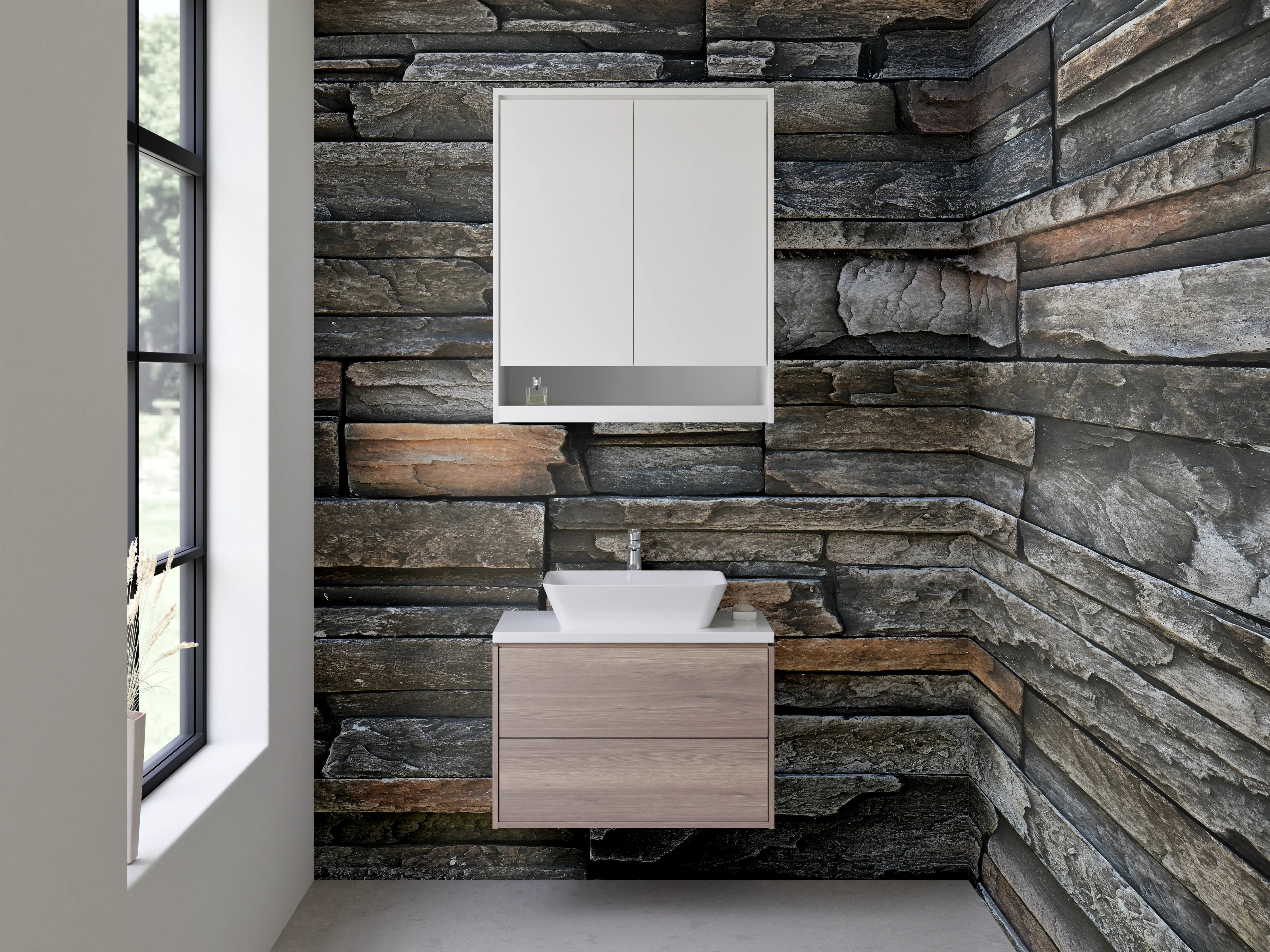 Waschbecken-Rückwand - Dunkle Natursteinmauer