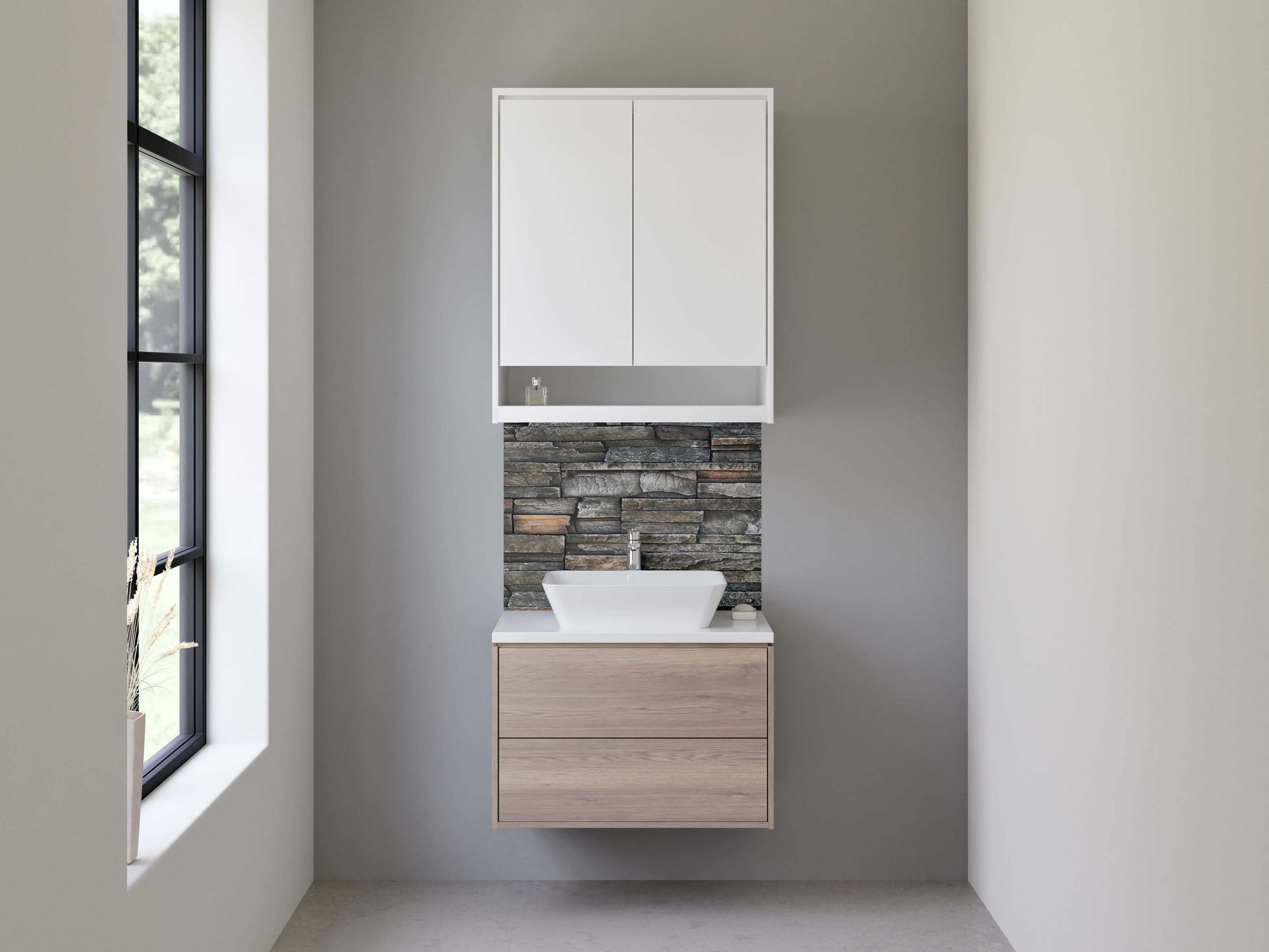 Waschbecken-Rückwand - Dunkle Natursteinmauer