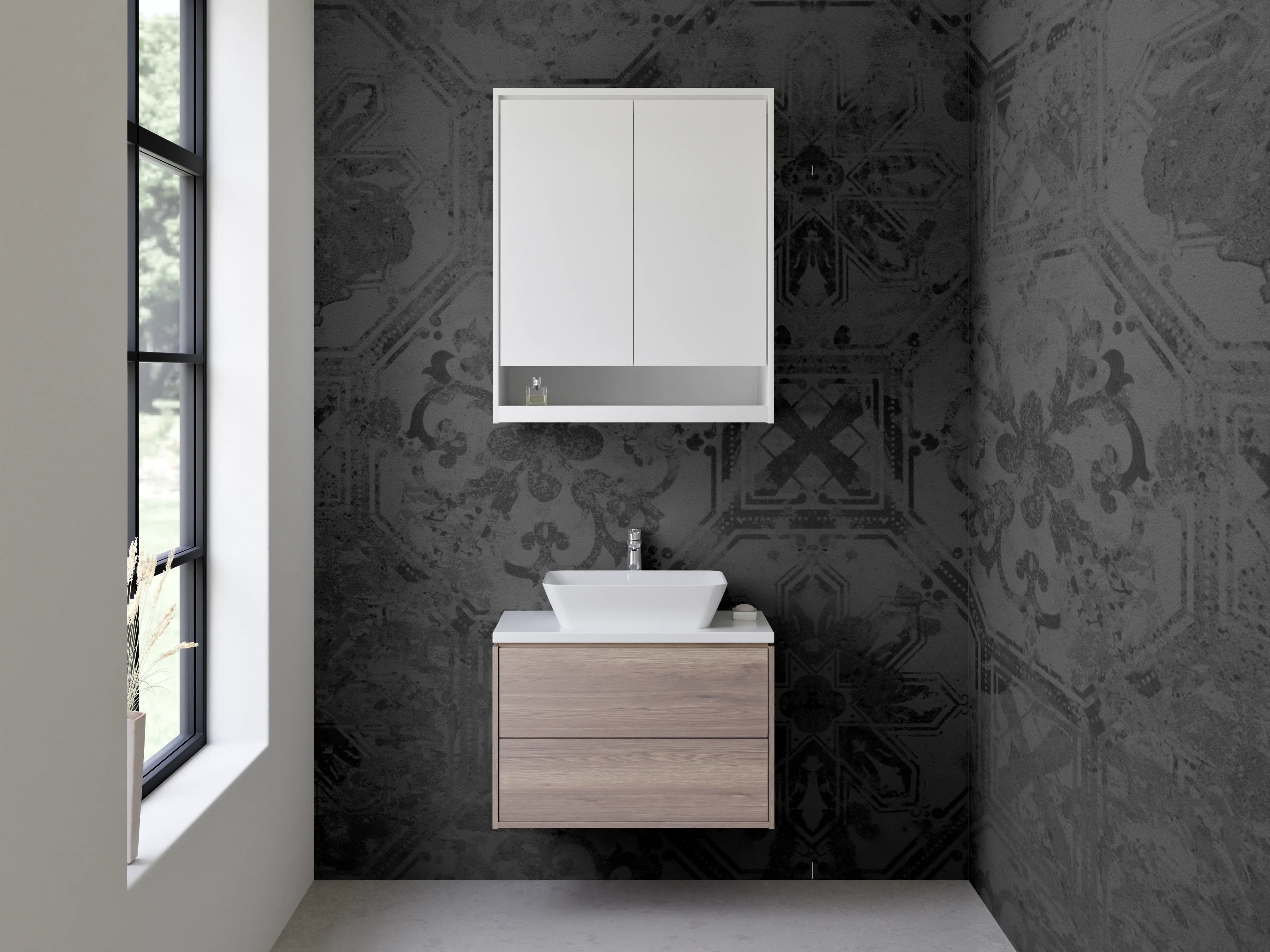 Waschbecken-Rückwand - Dunkles Barock-Muster Schwarz Grau