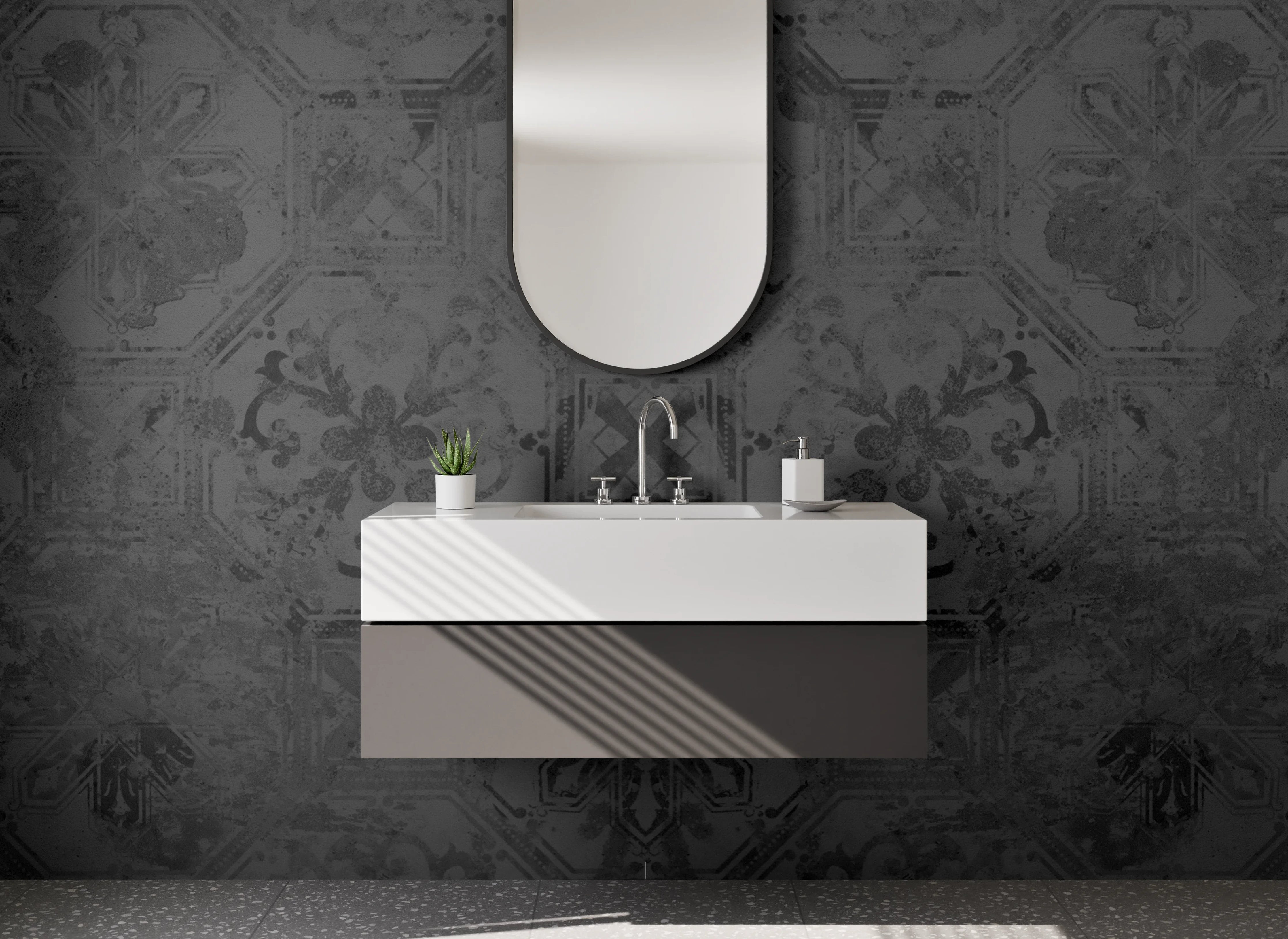 Waschbecken-Rückwand - Dunkles Barock-Muster Schwarz Grau