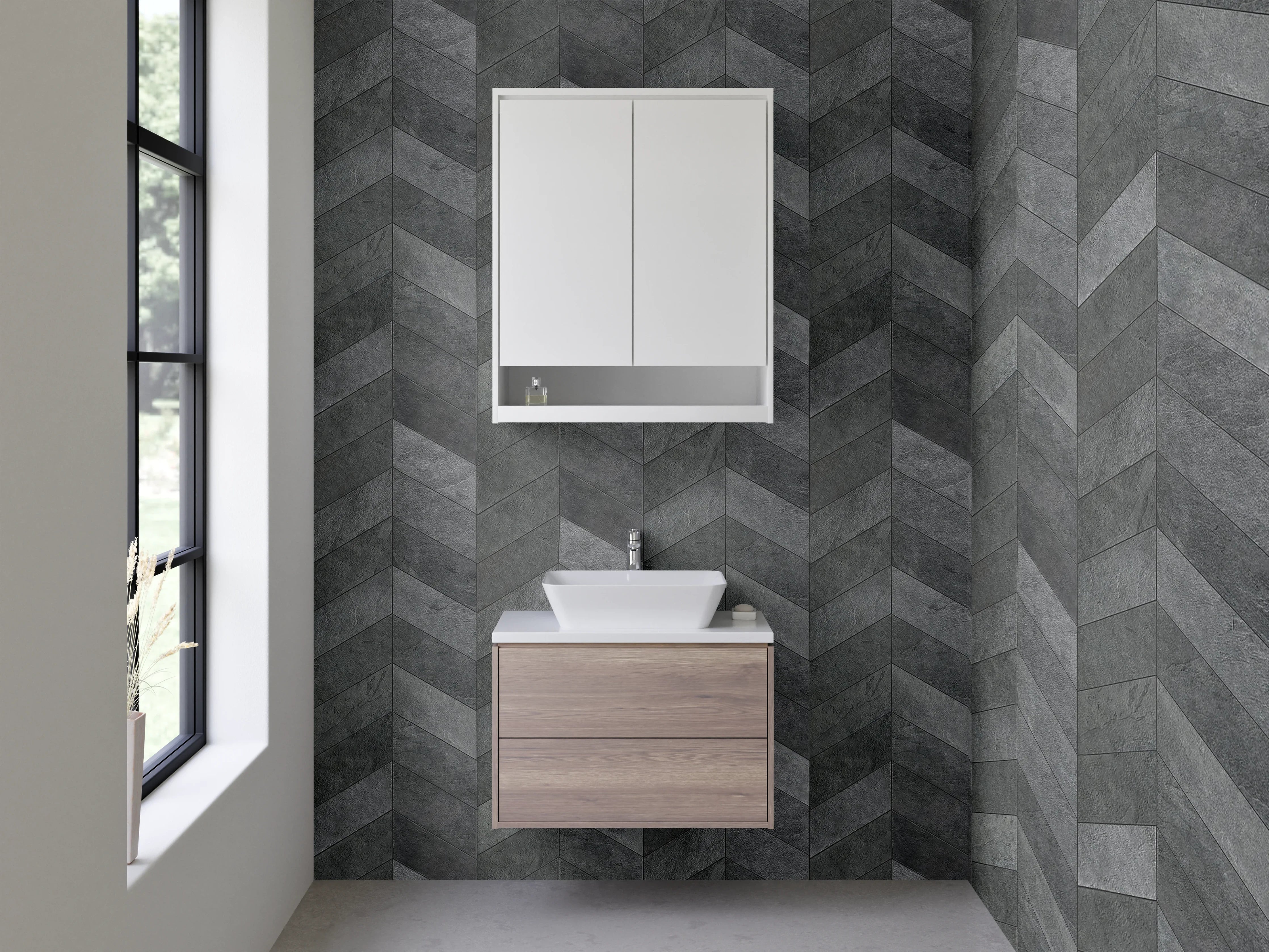 Waschbecken-Rückwand - Dunkles Chevron-Muster Schieferoptik