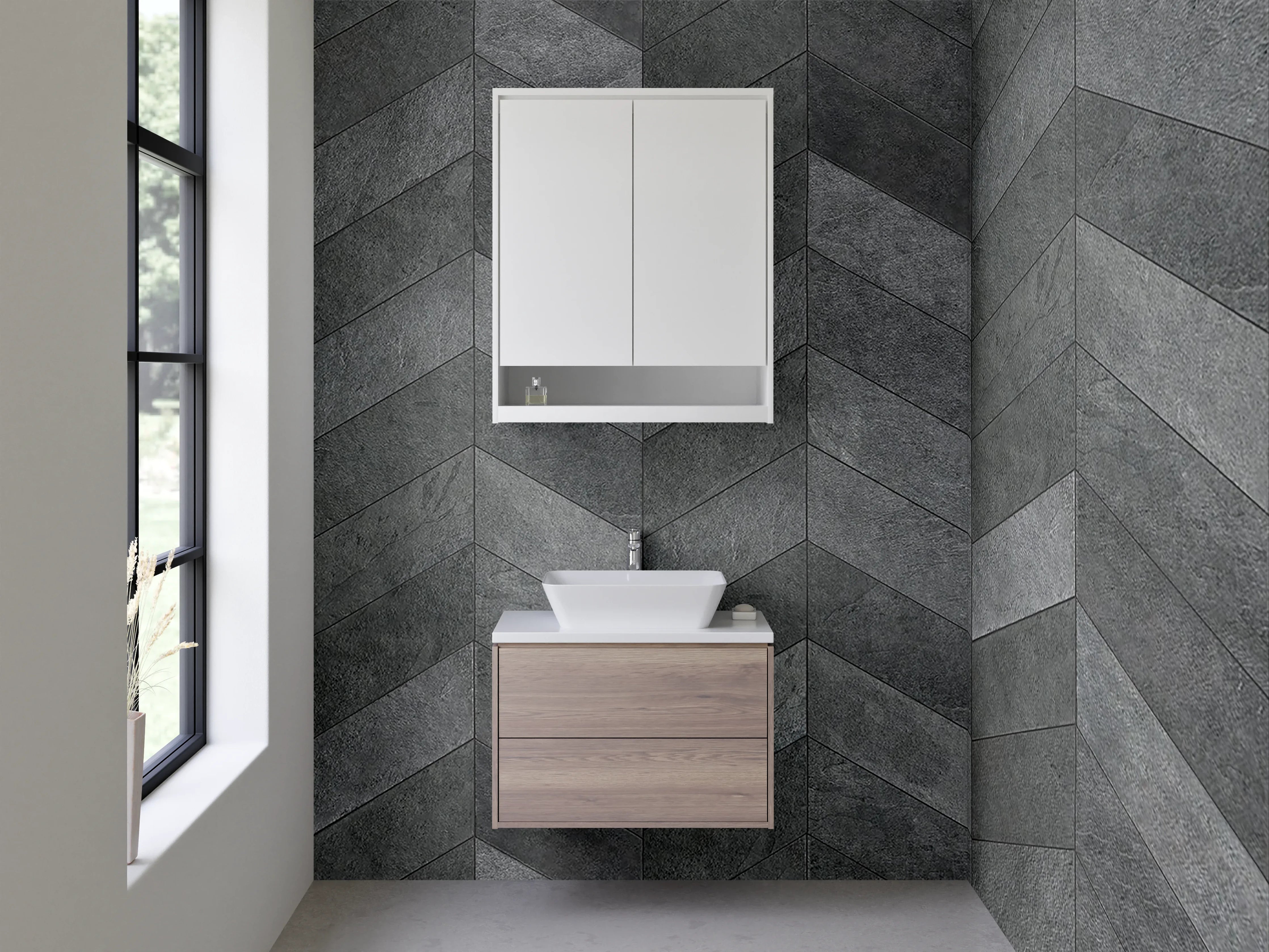 Waschbecken-Rückwand - Dunkles Chevron-Muster Steinoptik