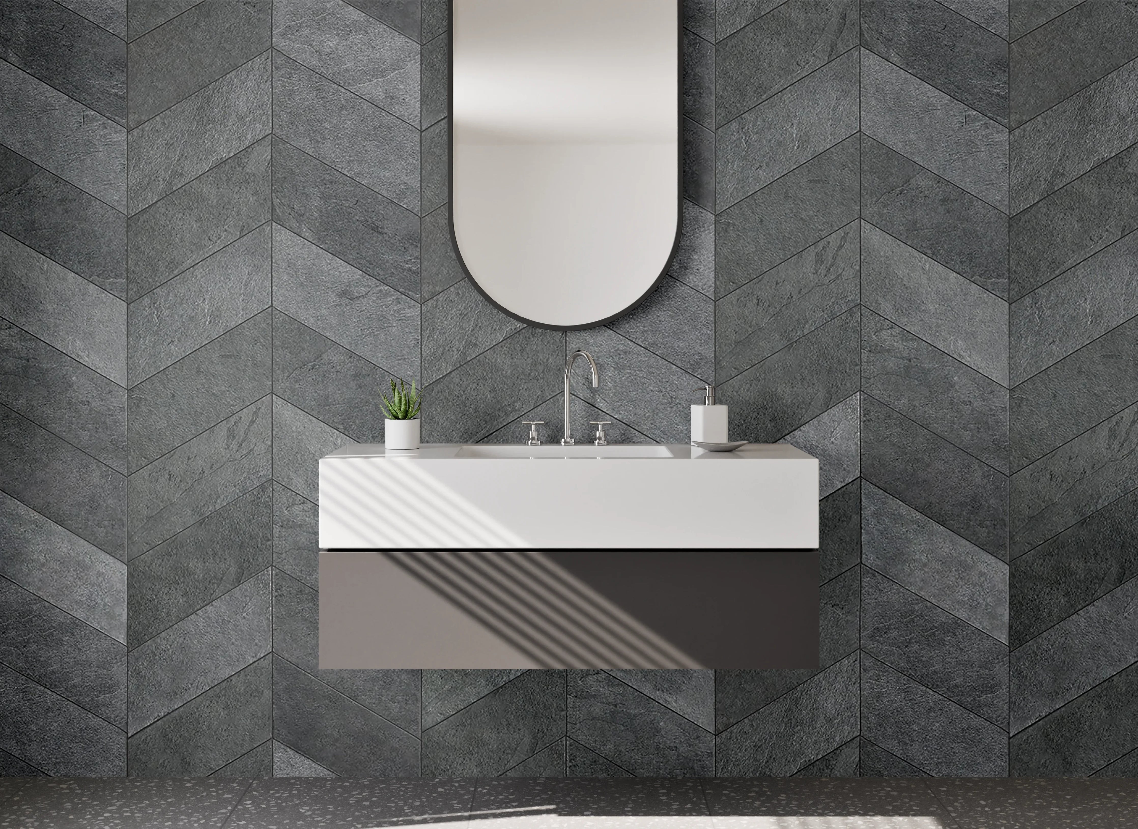 Waschbecken-Rückwand - Dunkles Chevron-Muster Steinoptik