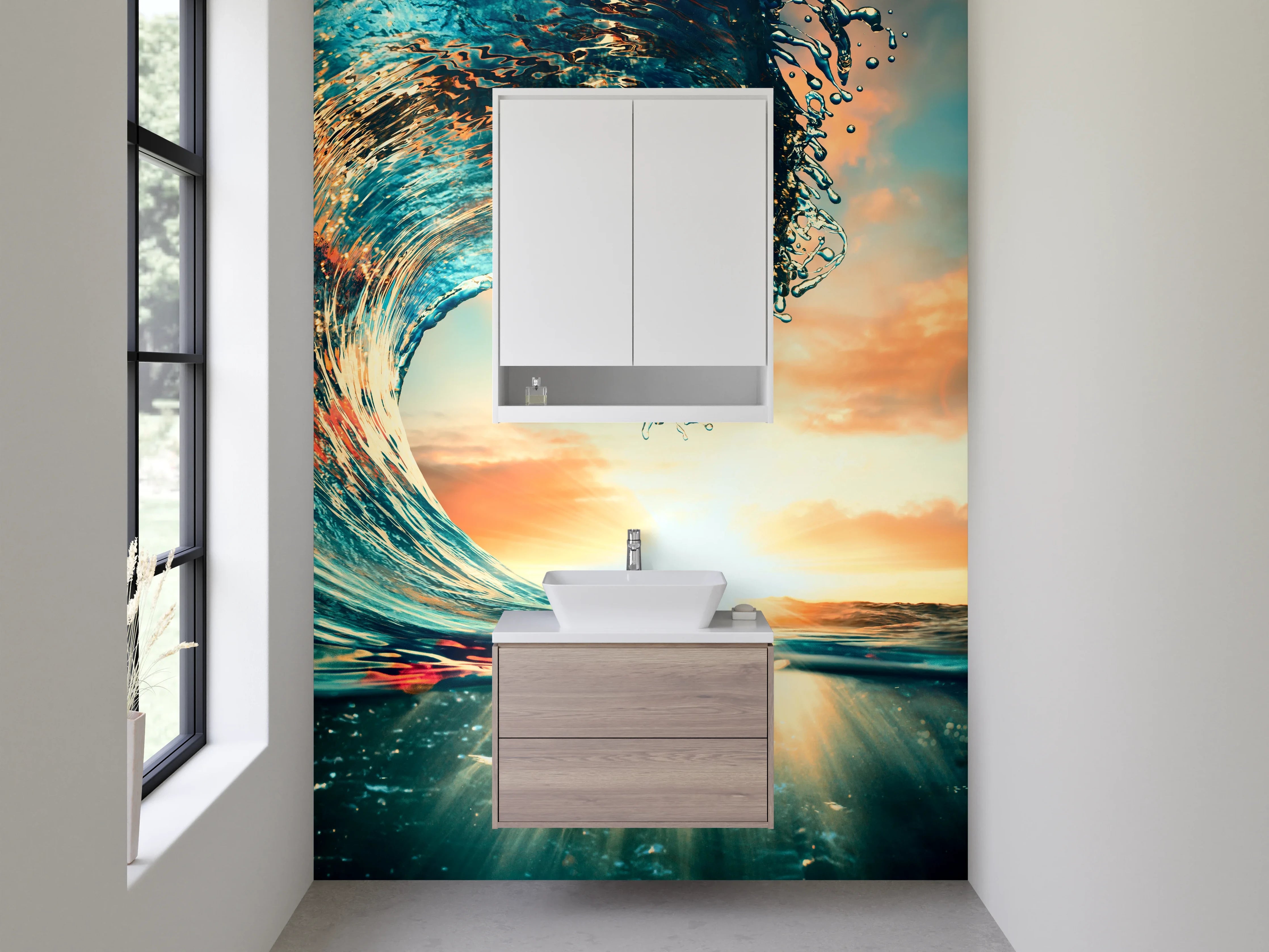 Waschbecken-Rückwand - Dynamische Welle bei Sonnenuntergang
