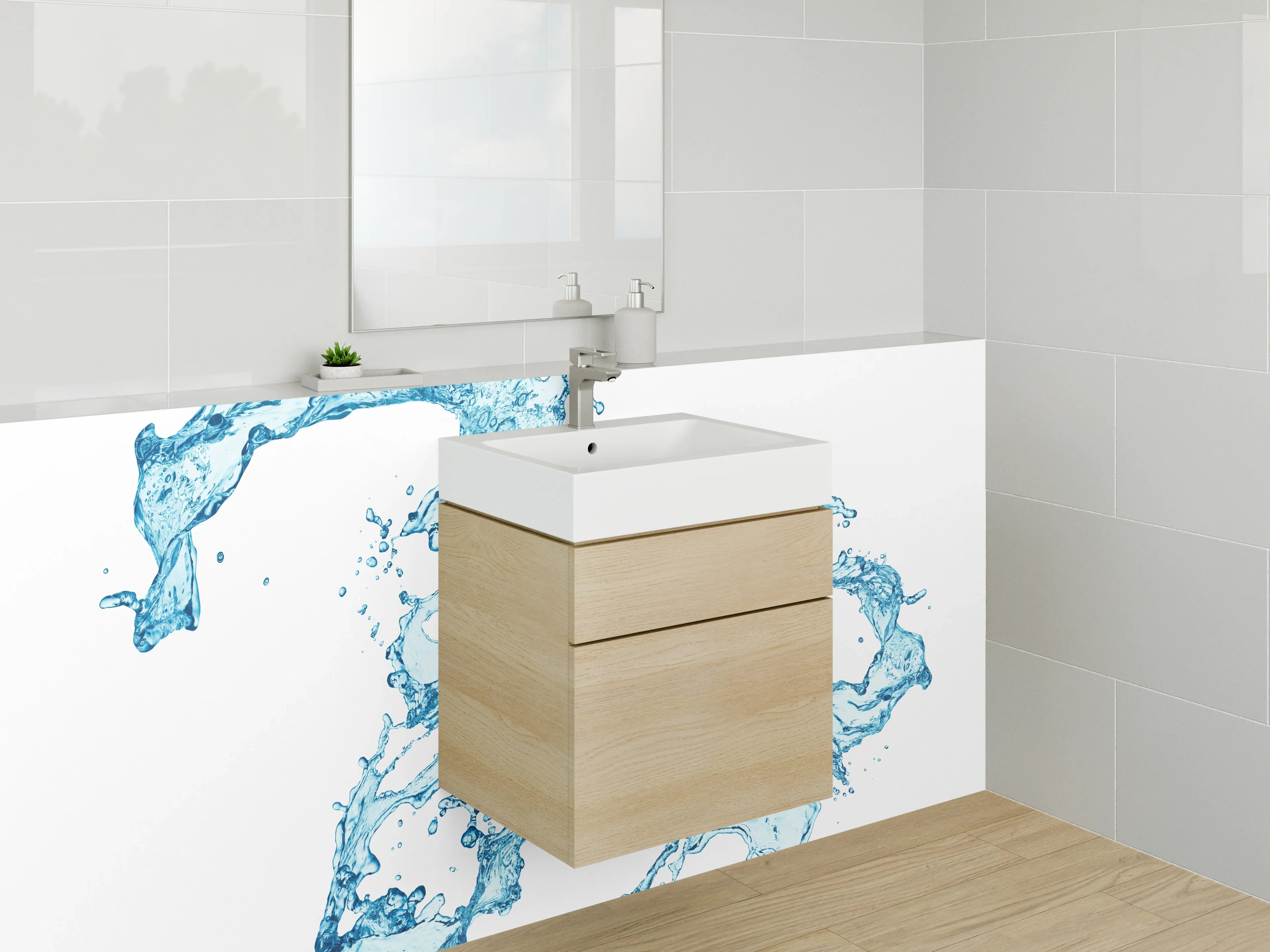 Waschbecken-Rückwand - Dynamischer Wasser-Splash auf Weiß