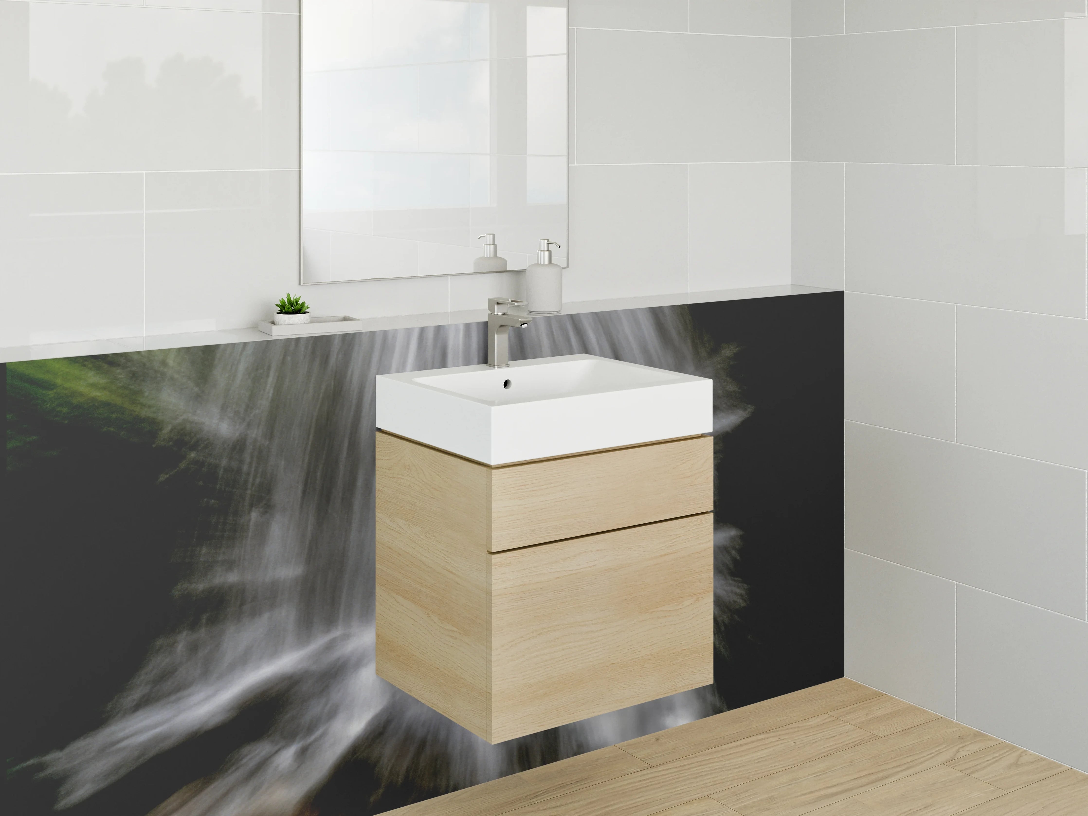 Waschbecken-Rückwand - Dynamischer Wasserfall auf schwarzem Grund