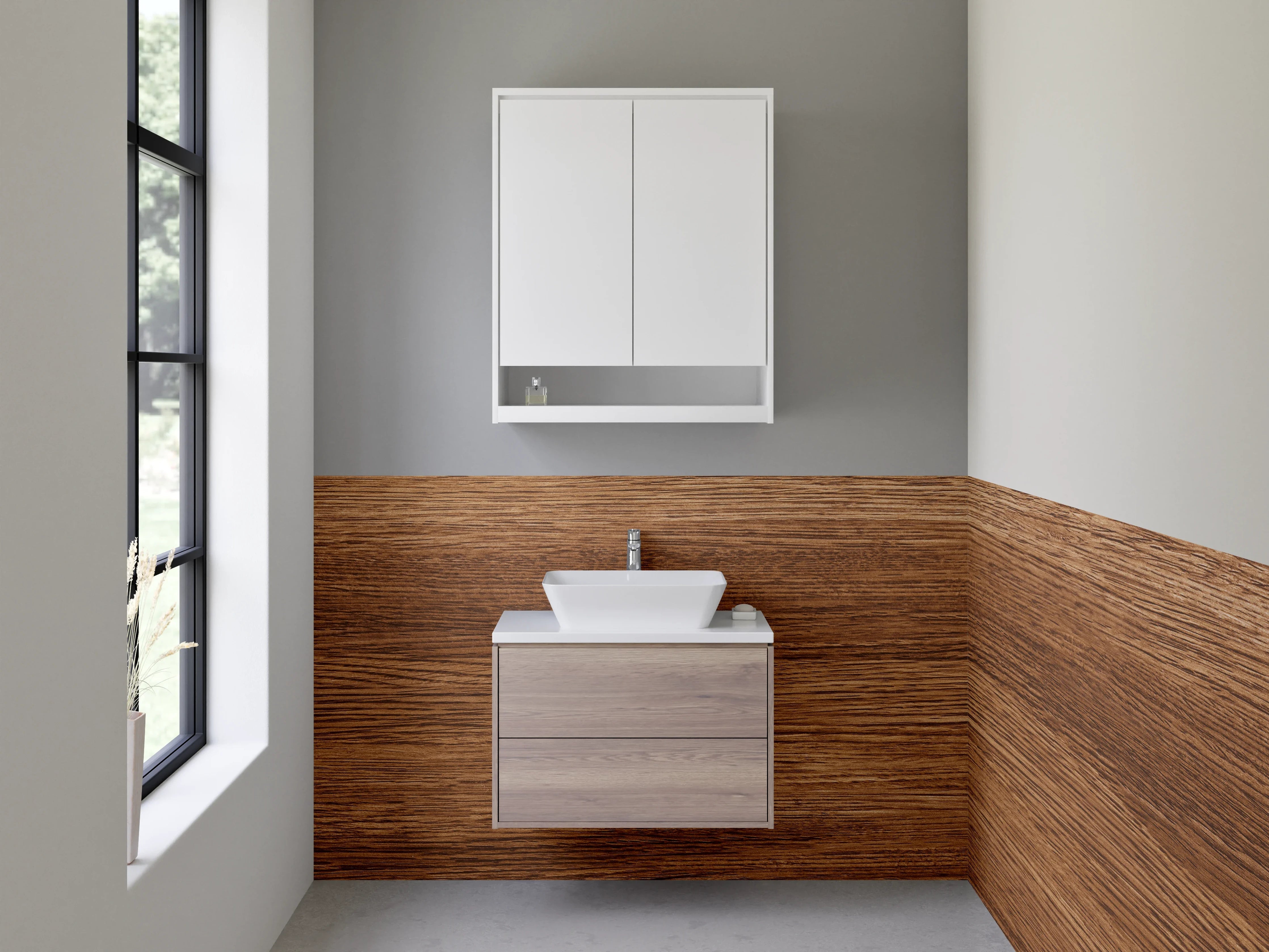 Waschbecken-Rückwand - Edle Holzmaserung in warmem Braun