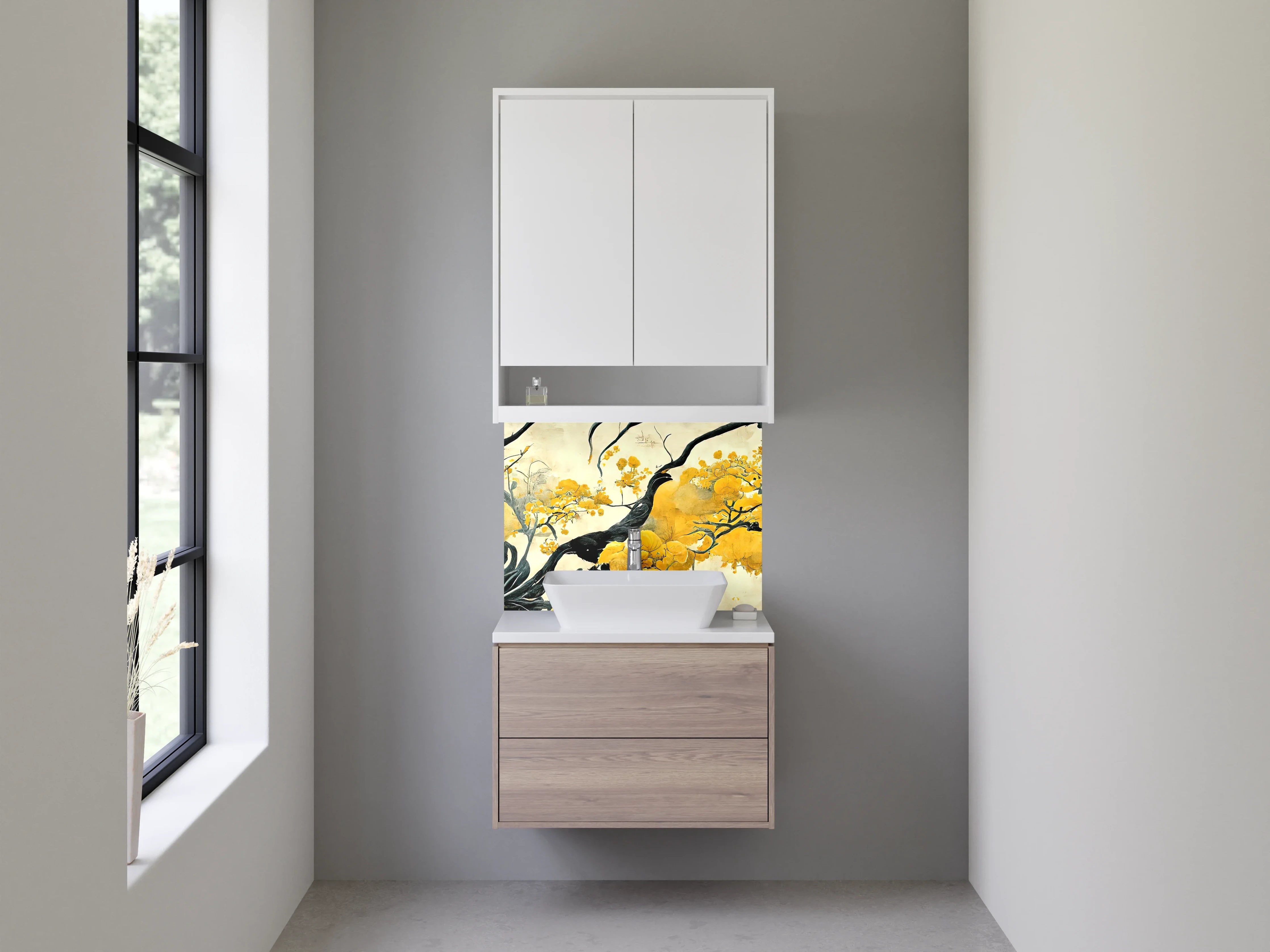 Waschbecken-Rückwand - Edle Kirschblüten Malerei Gelb Schwarz