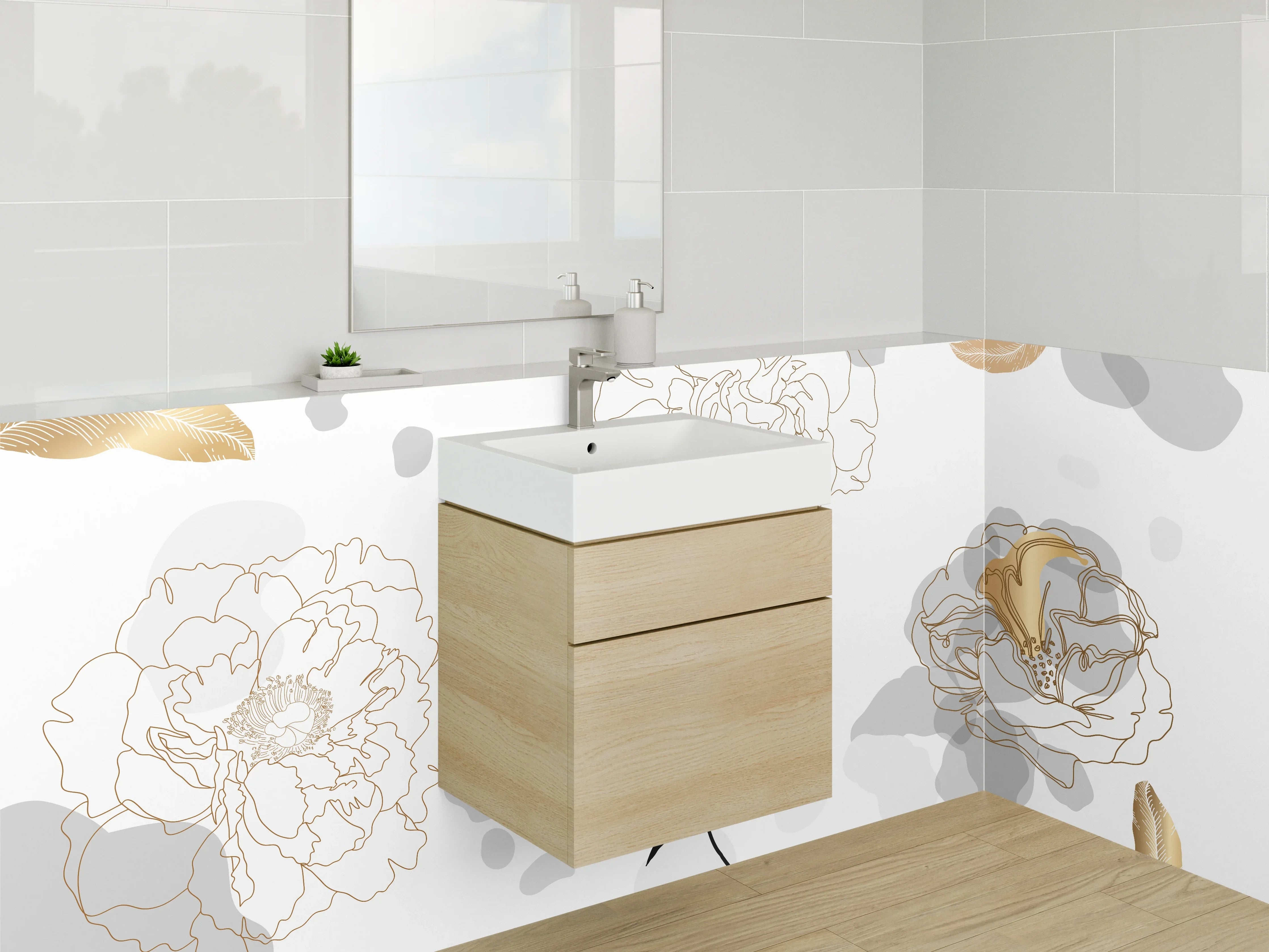 Waschbecken-Rückwand - Edle Line Art Blumen auf Weiß
