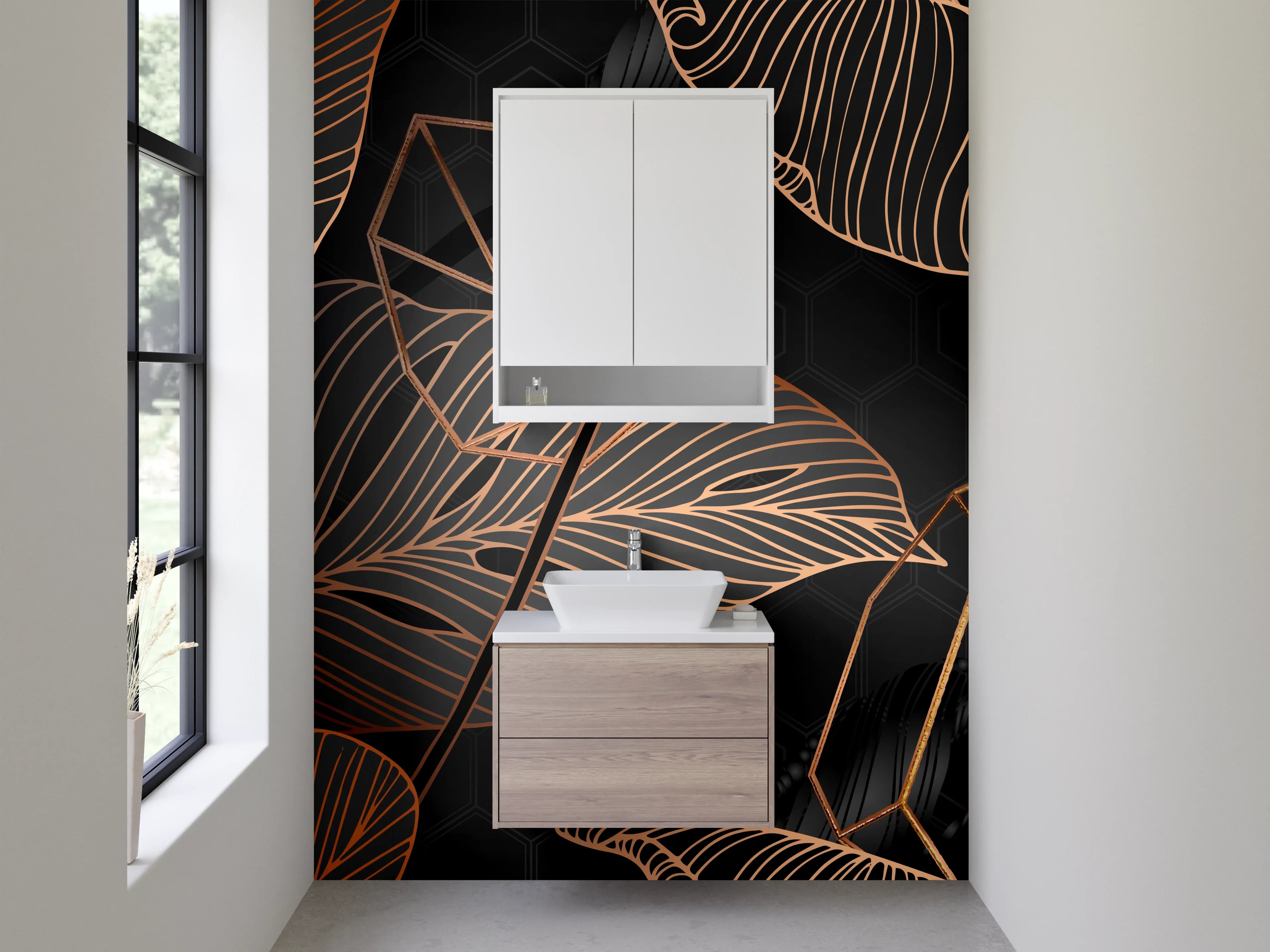 Waschbecken-Rückwand - Edle Lineart-Blätter Schwarz Gold