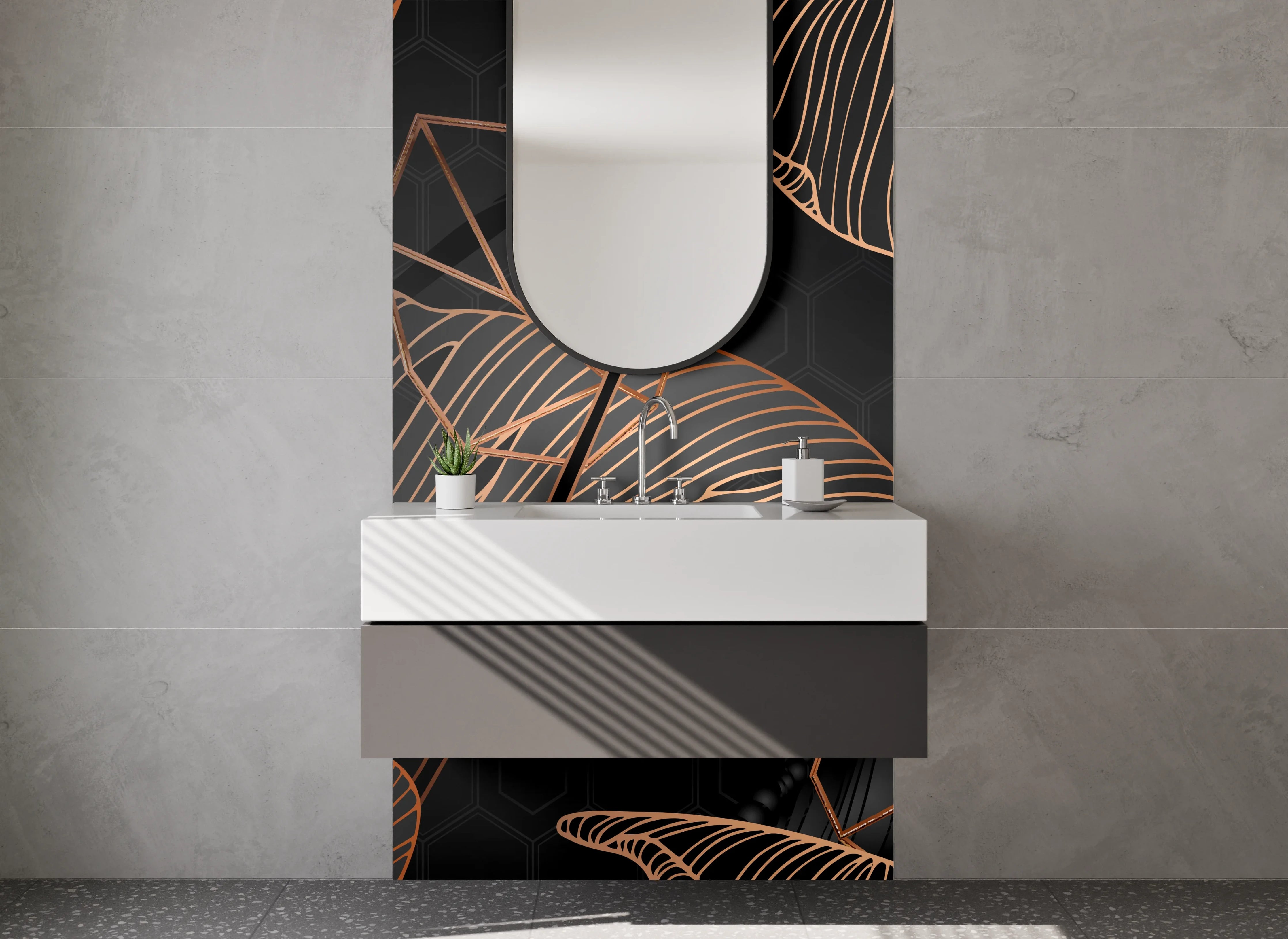 Waschbecken-Rückwand - Edle Lineart-Blätter Schwarz Gold