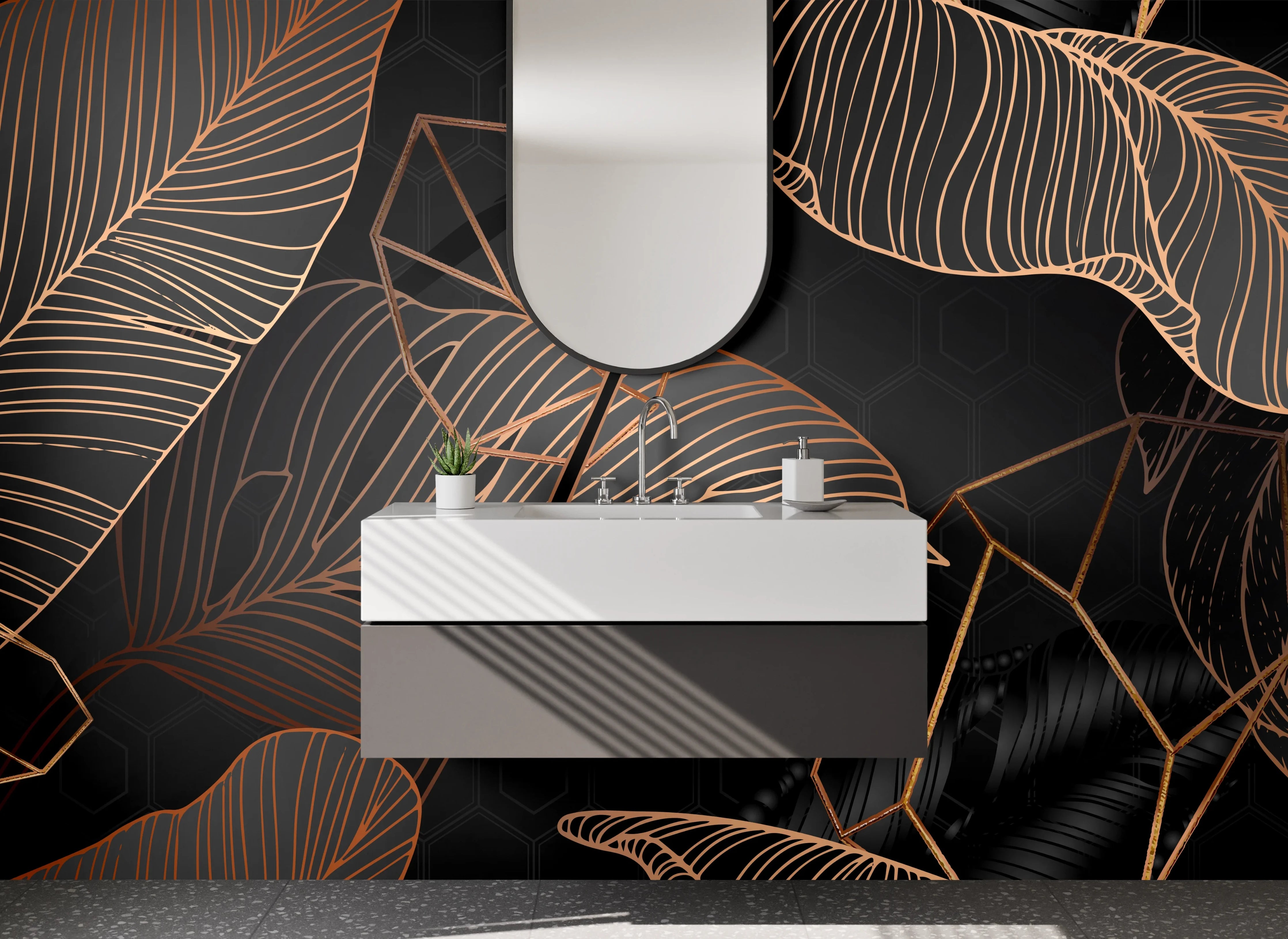 Waschbecken-Rückwand - Edle Lineart-Blätter Schwarz Gold