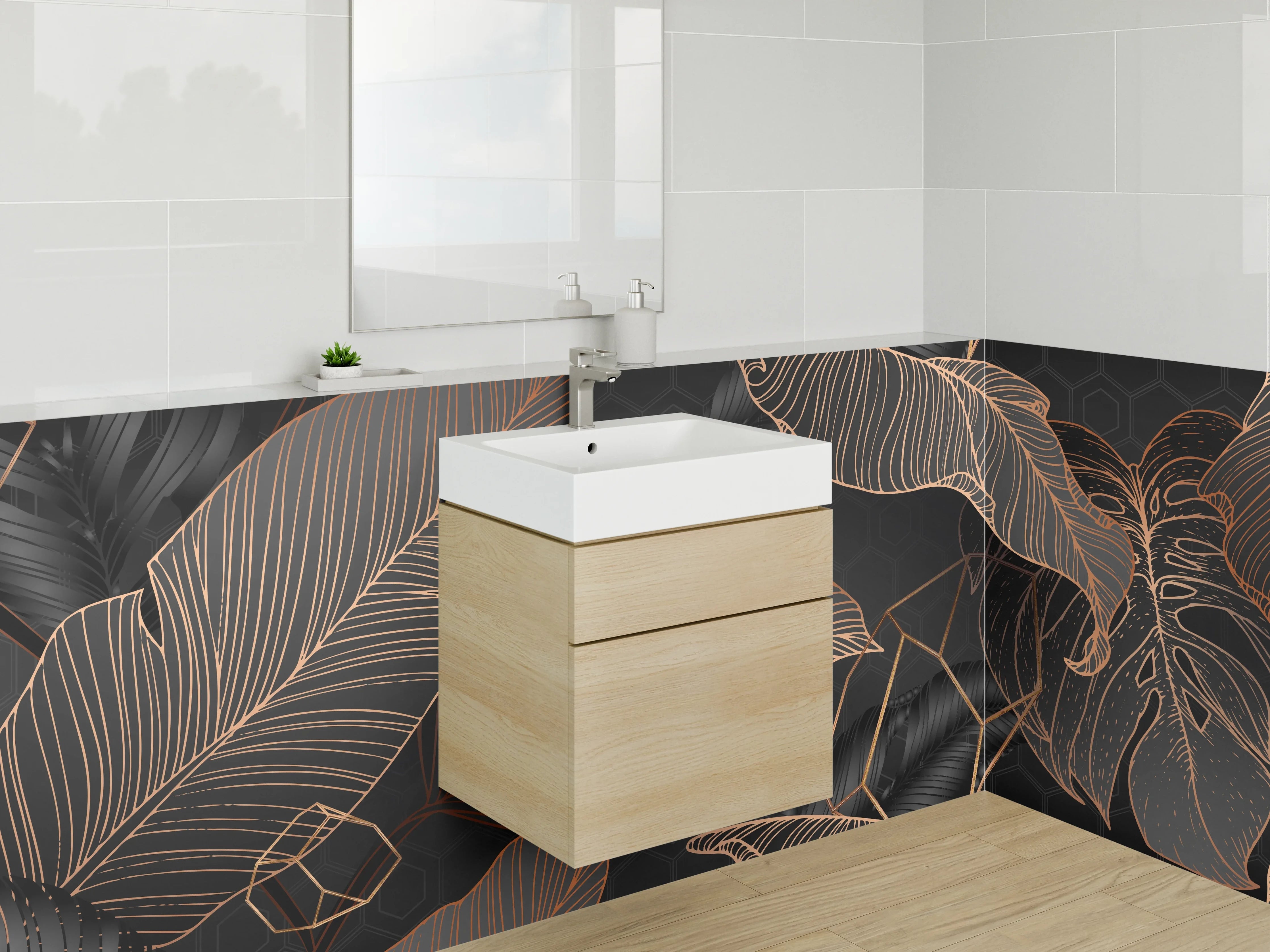 Waschbecken-Rückwand - Edle Lineart-Blätter Schwarz Gold
