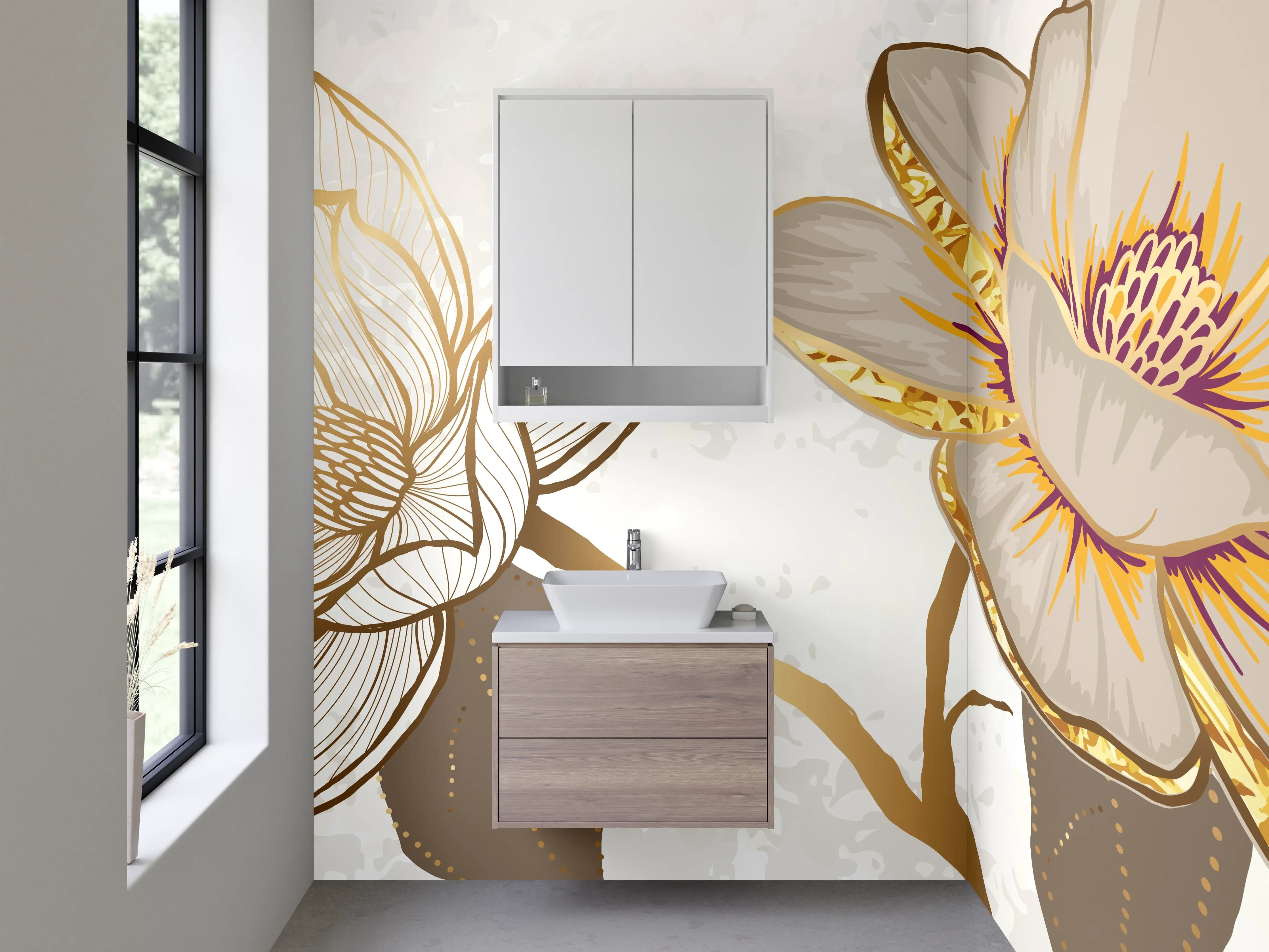Waschbecken-Rückwand - Edle Magnolien Blüten auf Goldzweig
