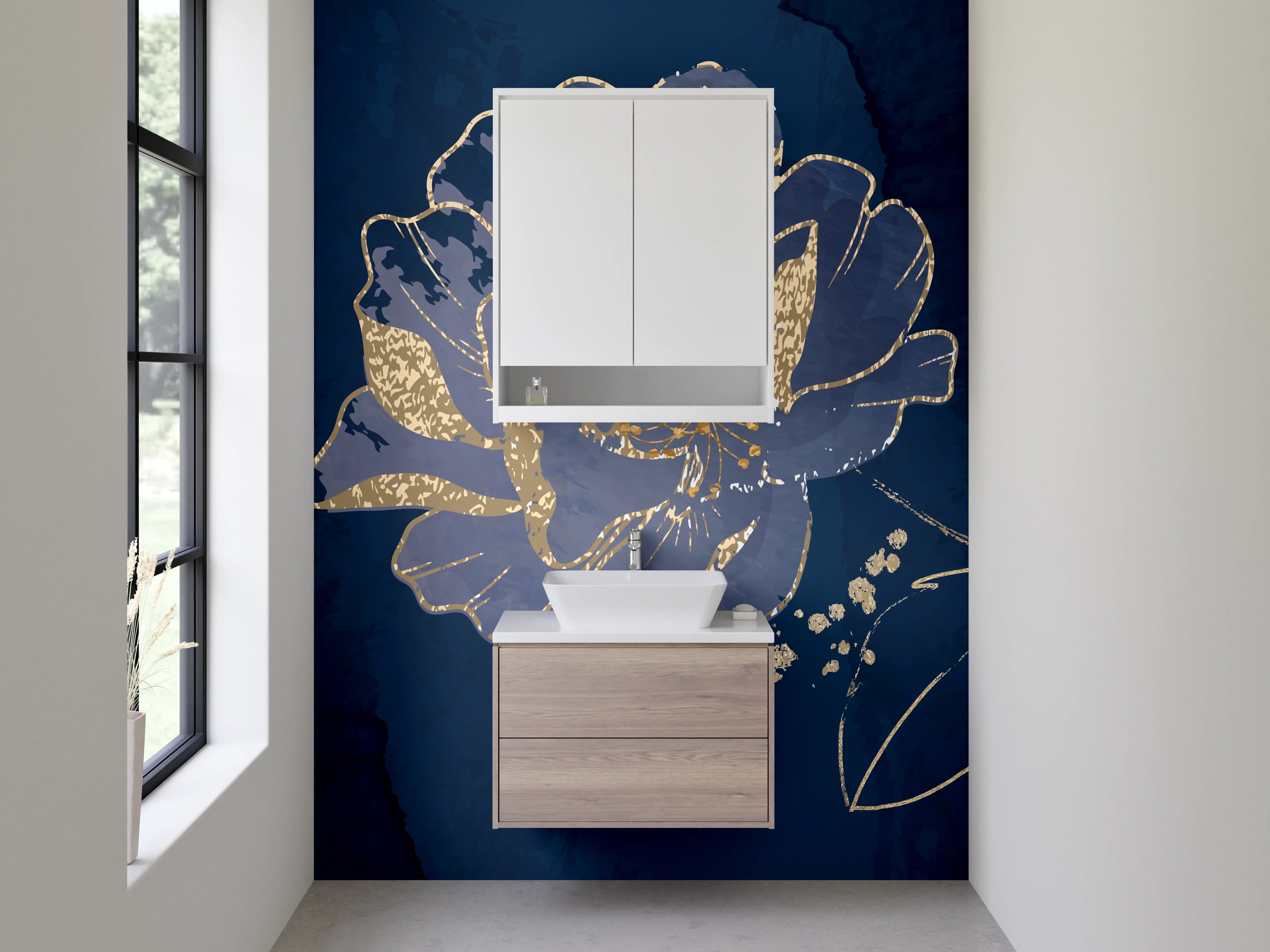 Waschbecken-Rückwand - Edle blaue Blumen mit Goldakzent