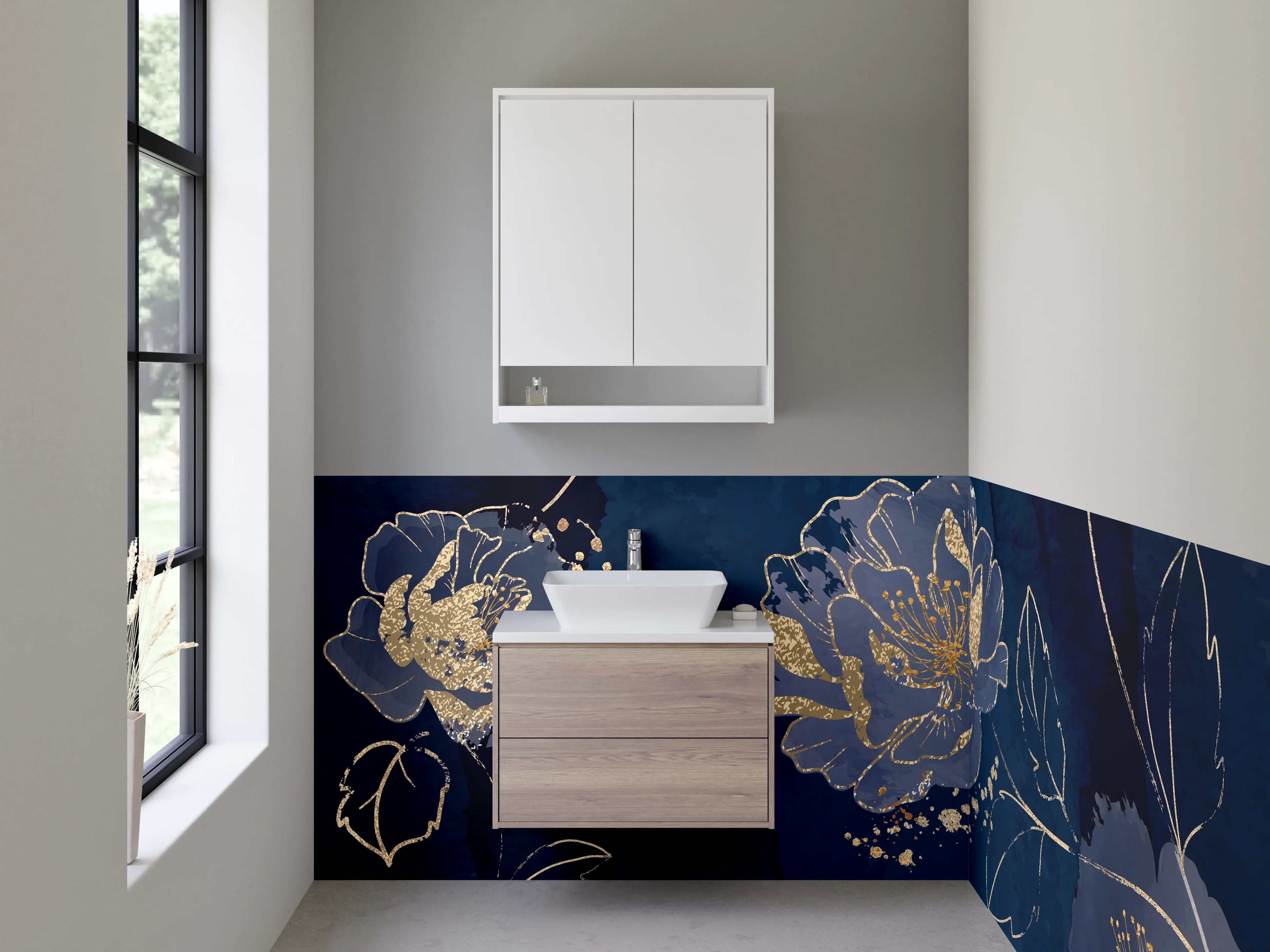 Waschbecken-Rückwand - Edle blaue Blumen mit Goldakzent