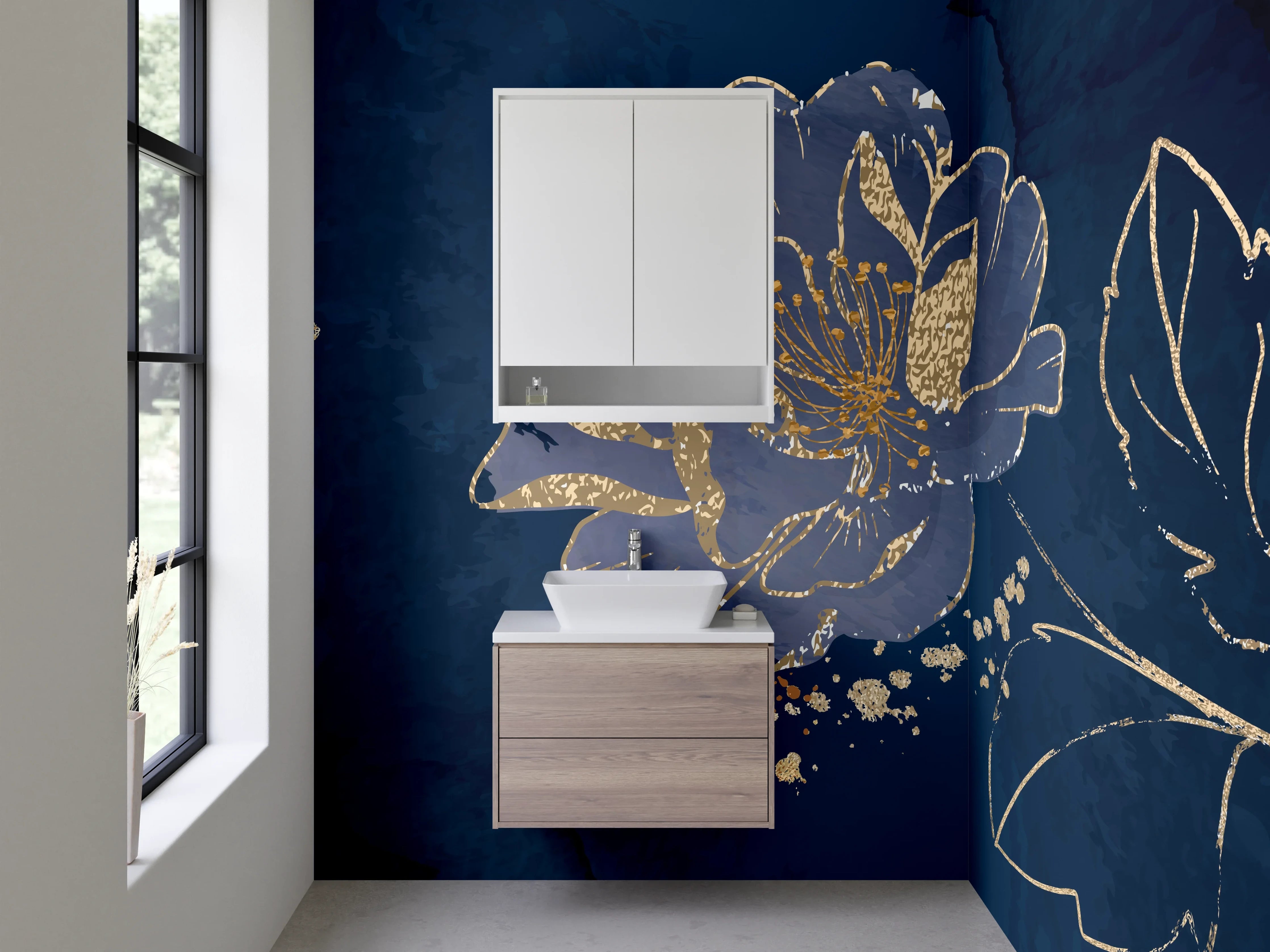 Waschbecken-Rückwand - Edle blaue Blumen mit Goldakzent