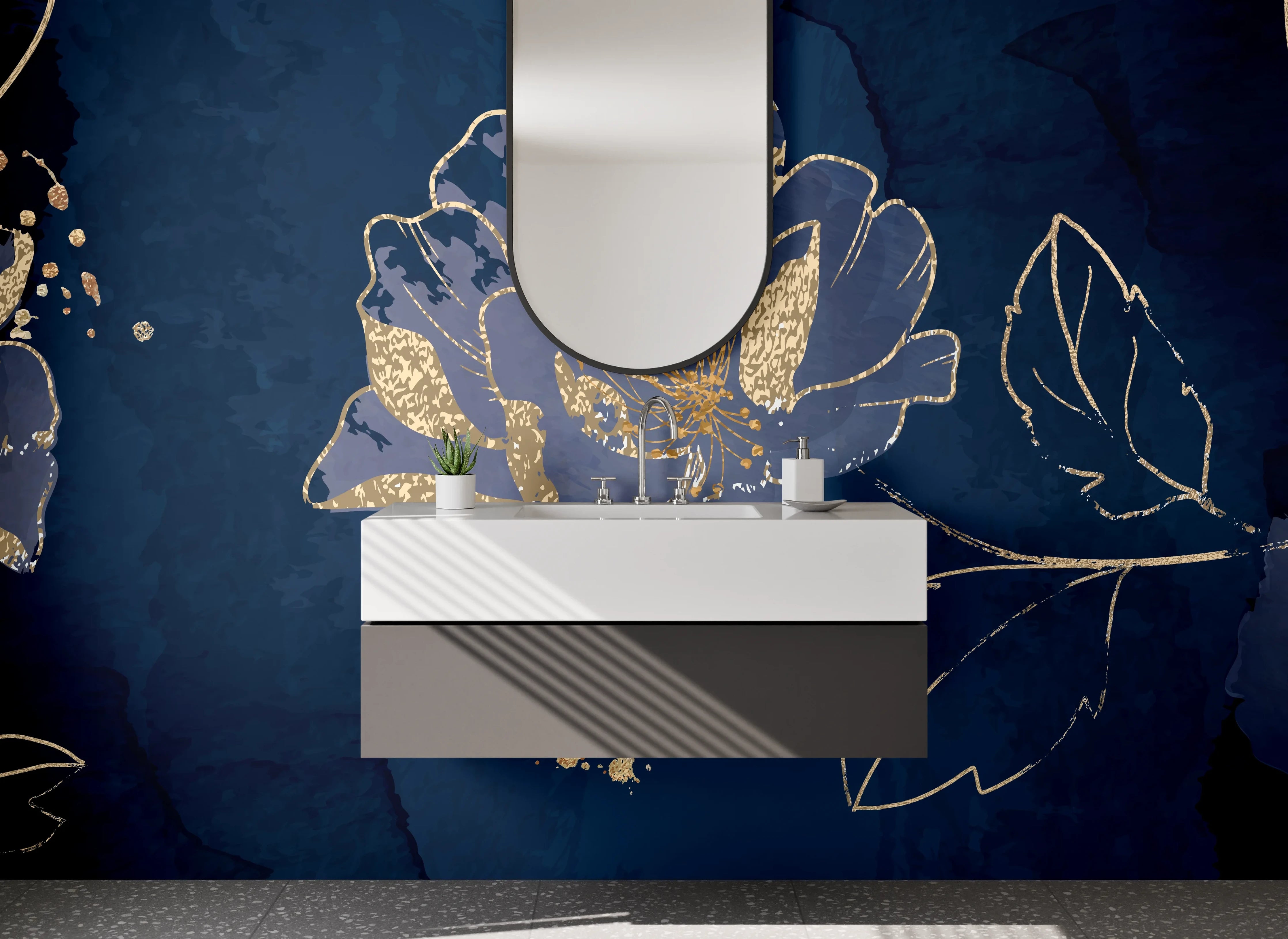 Waschbecken-Rückwand - Edle blaue Blumen mit Goldakzent