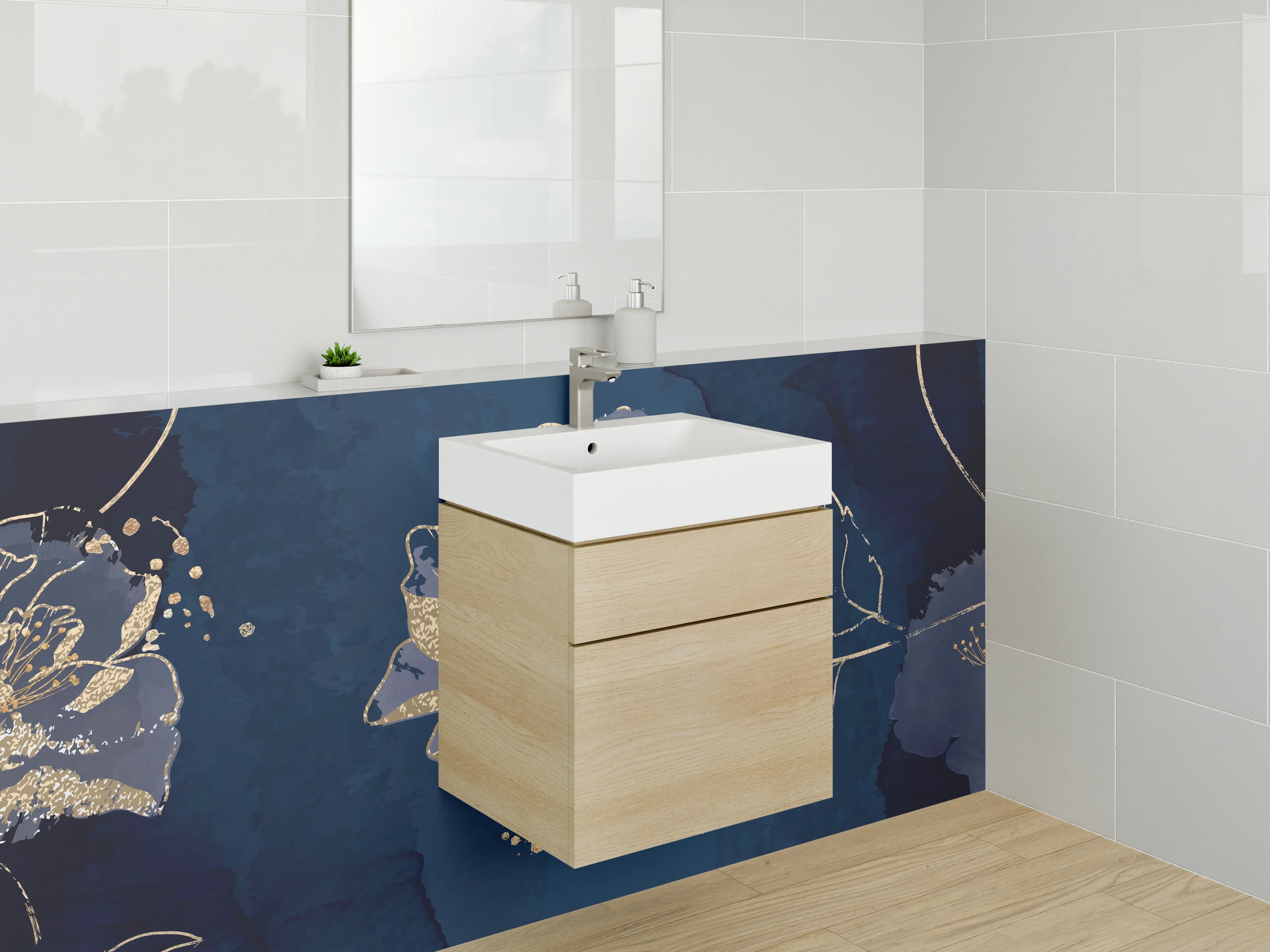 Waschbecken-Rückwand - Edle blaue Blumen mit Goldakzent
