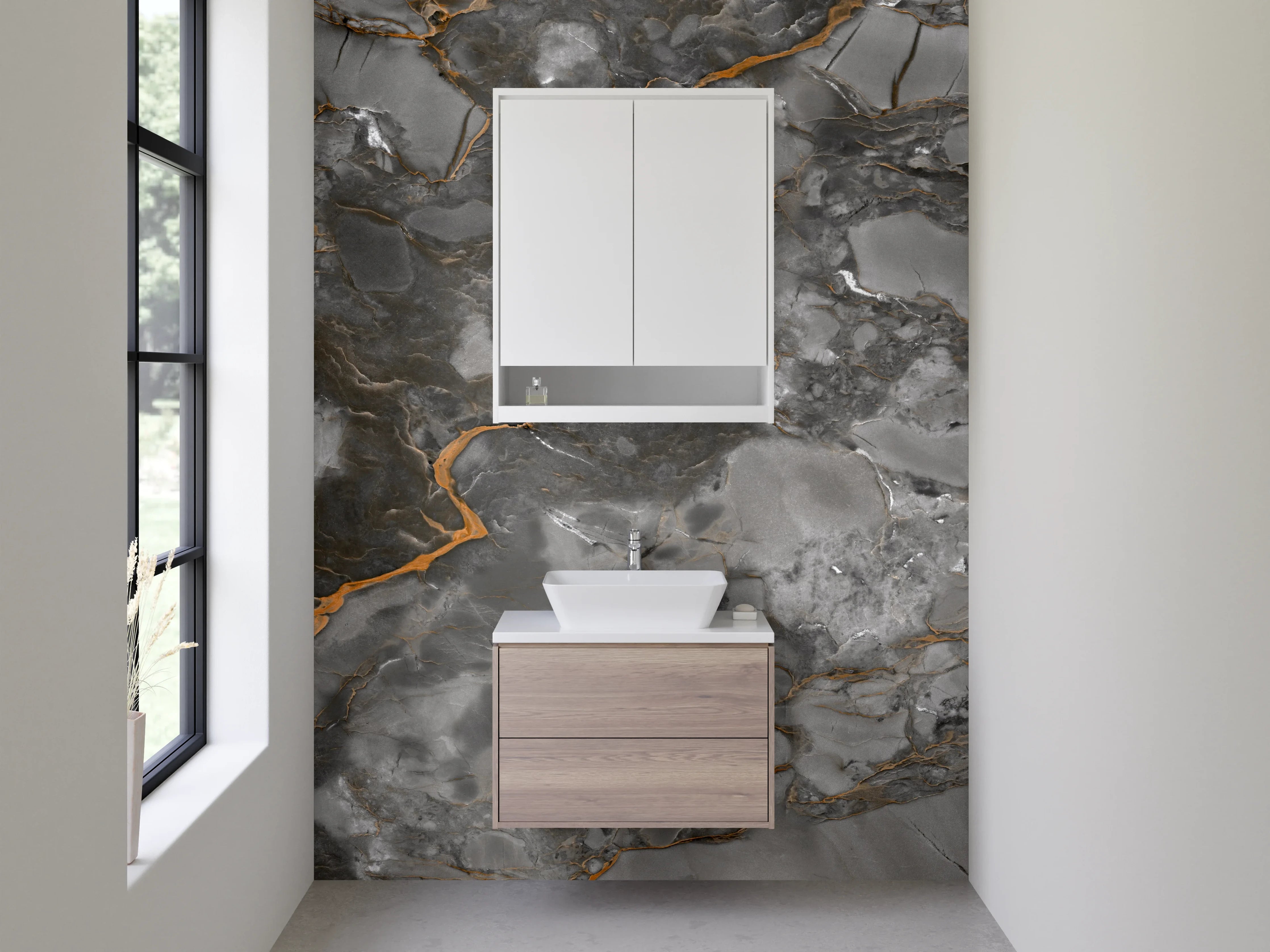 Waschbecken-Rückwand - Edler Marmor-Look Grau Orange Waschrückwand