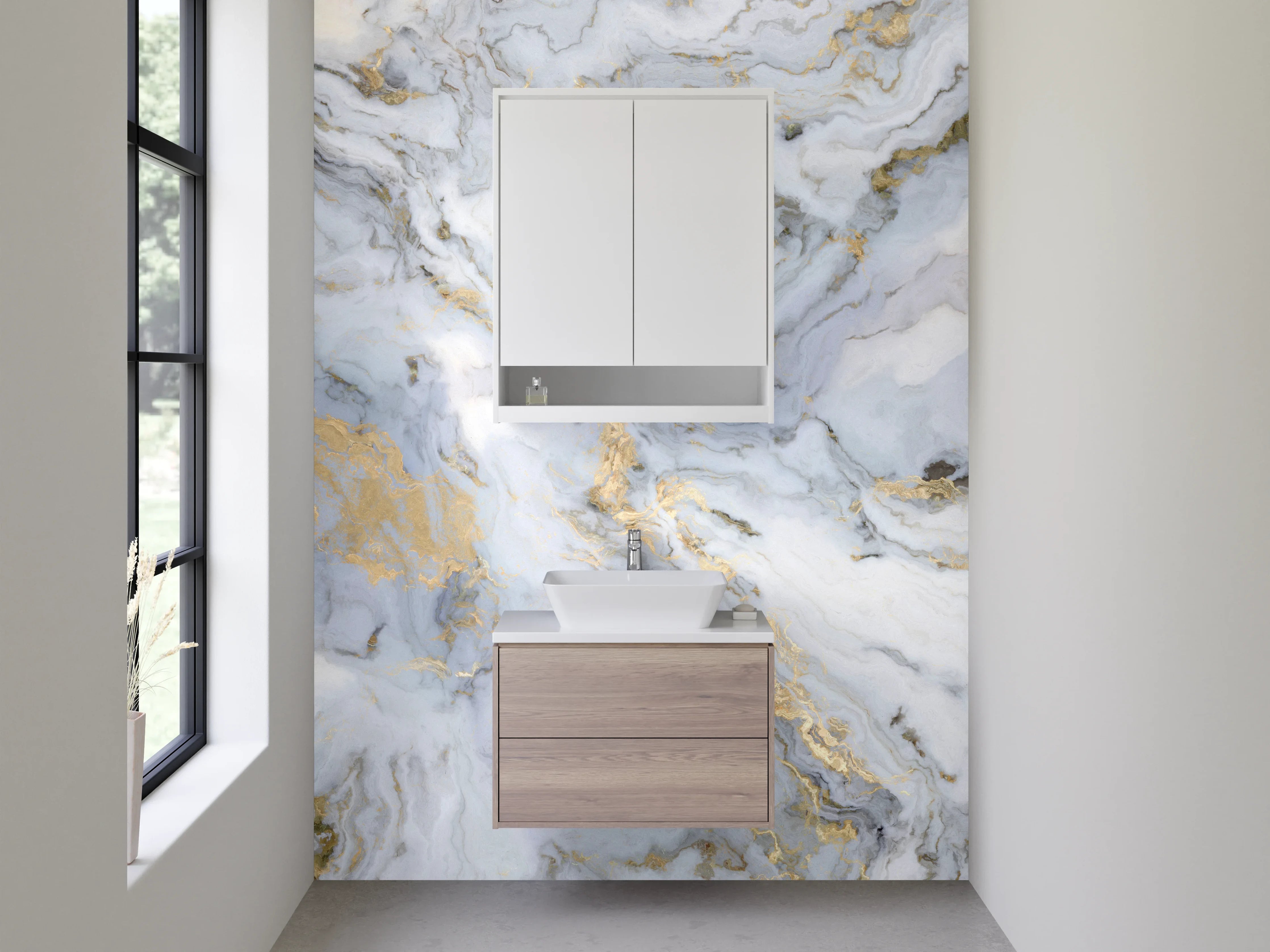 Waschbecken-Rückwand - Edler Marmor-Look Weiß Grau Gold