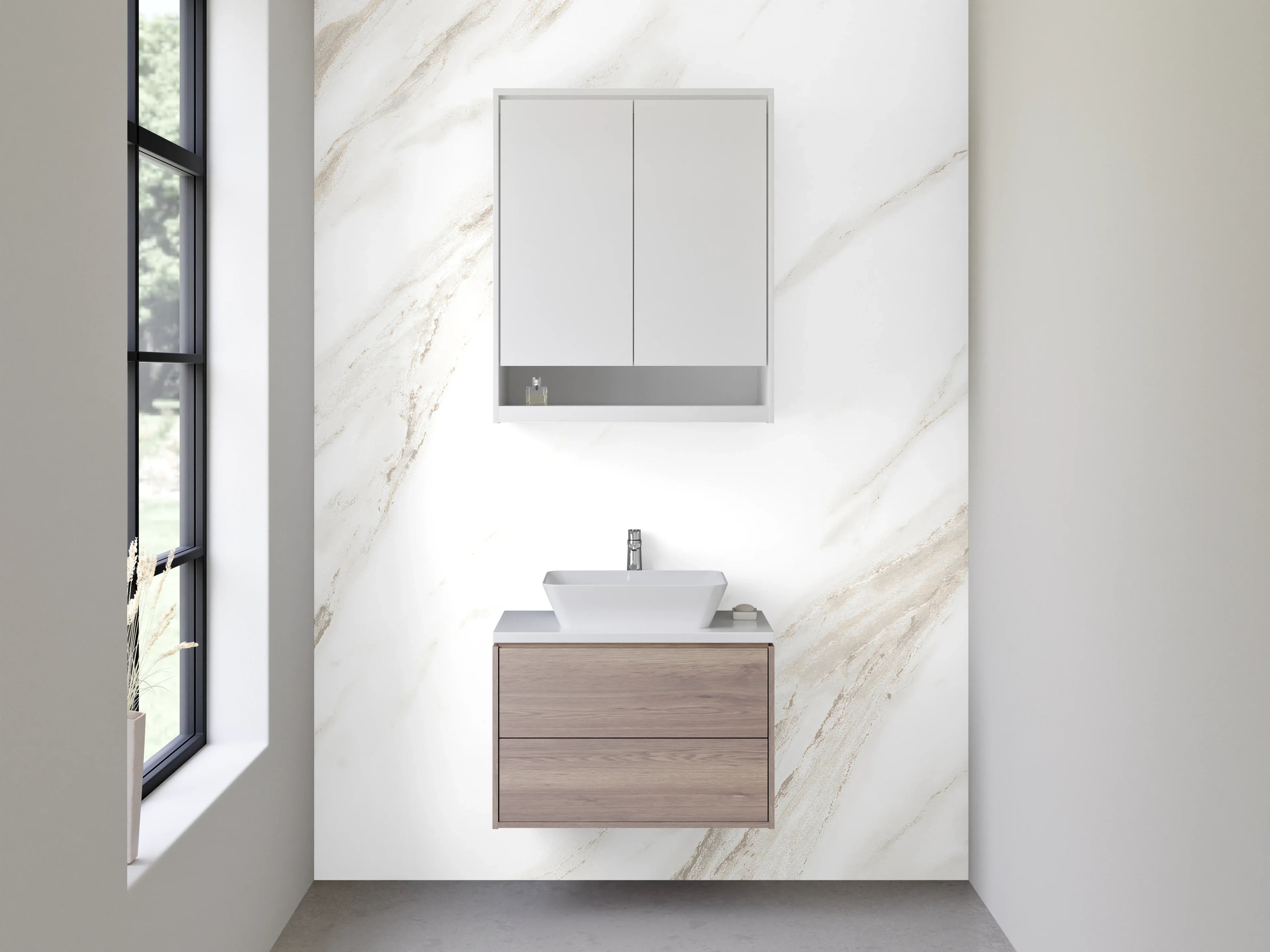 Waschbecken-Rückwand - Edler Marmor in Weiß mit sanften Grau