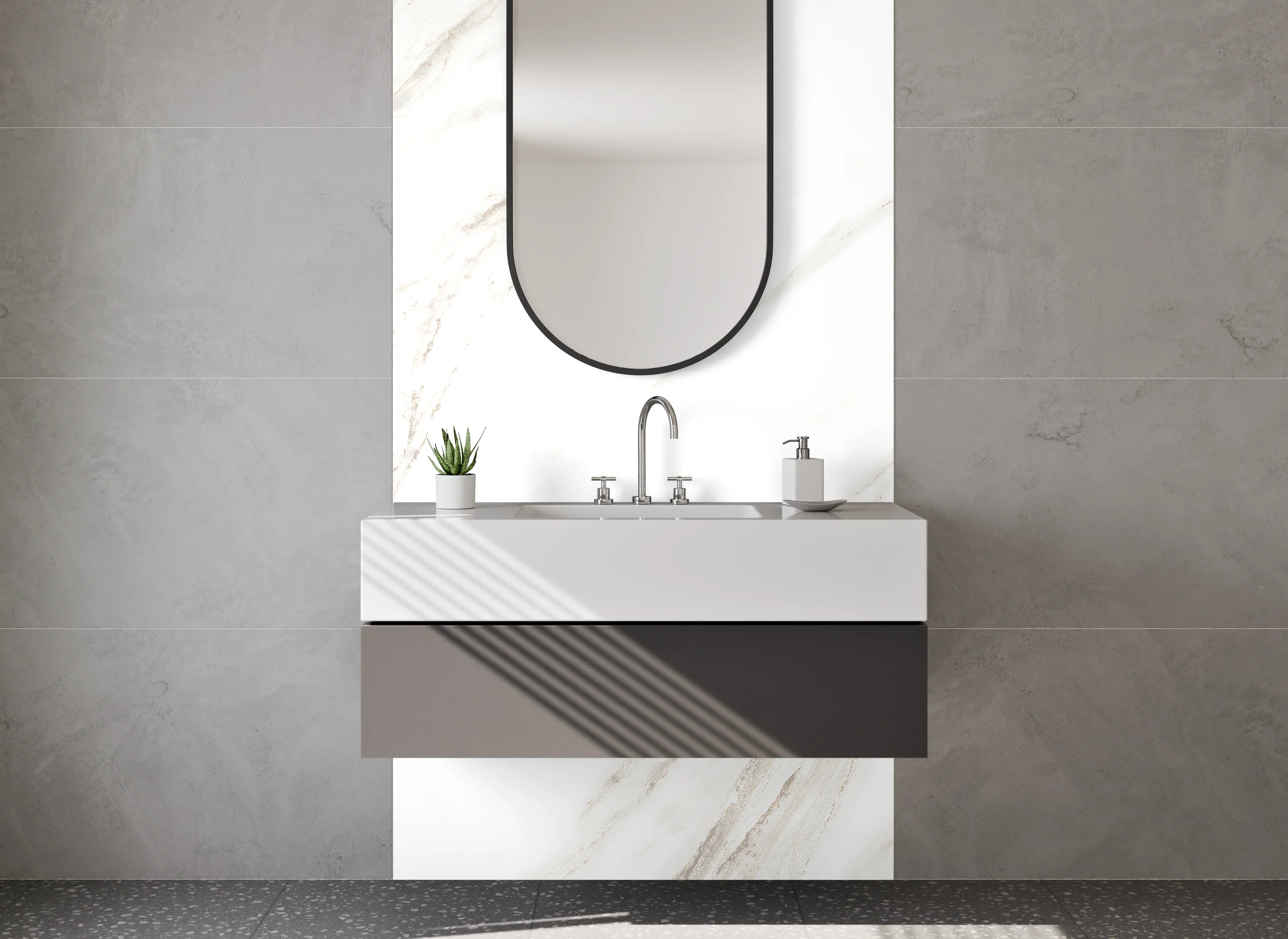 Waschbecken-Rückwand - Edler Marmor in Weiß mit sanften Grau