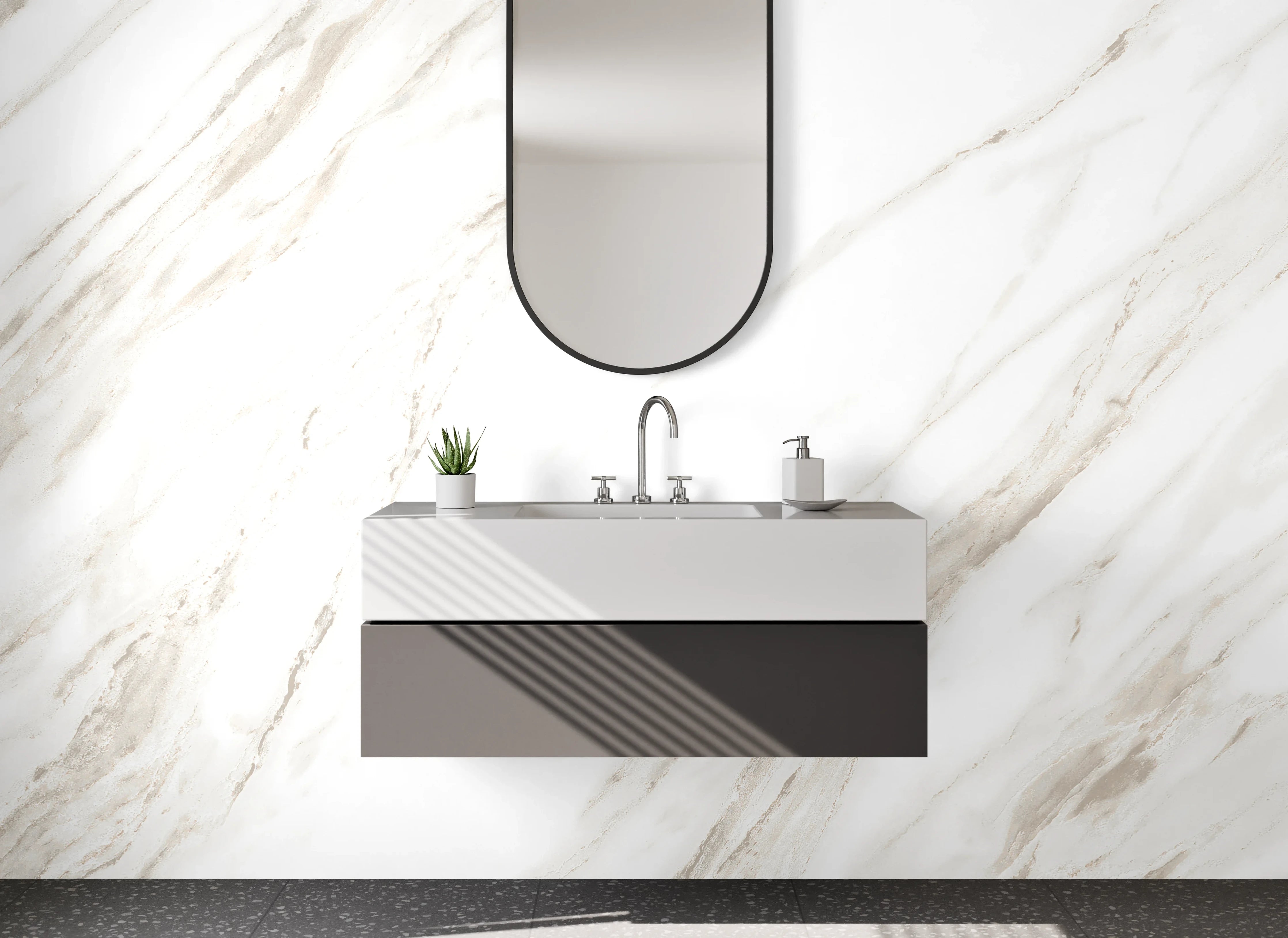 Waschbecken-Rückwand - Edler Marmor in Weiß mit sanften Grau