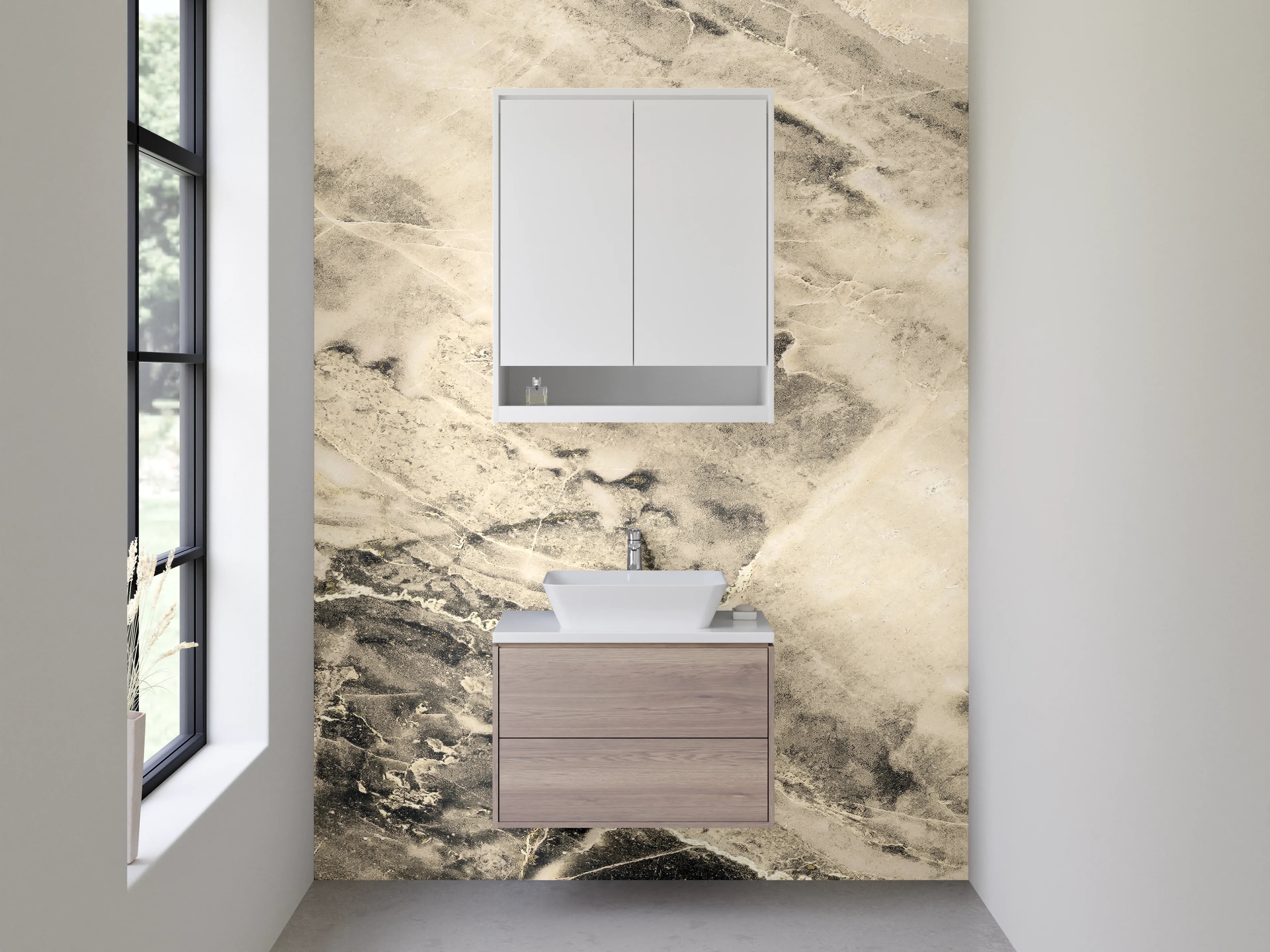 Waschbecken-Rückwand - Edler Marmor in Weiß und Beige