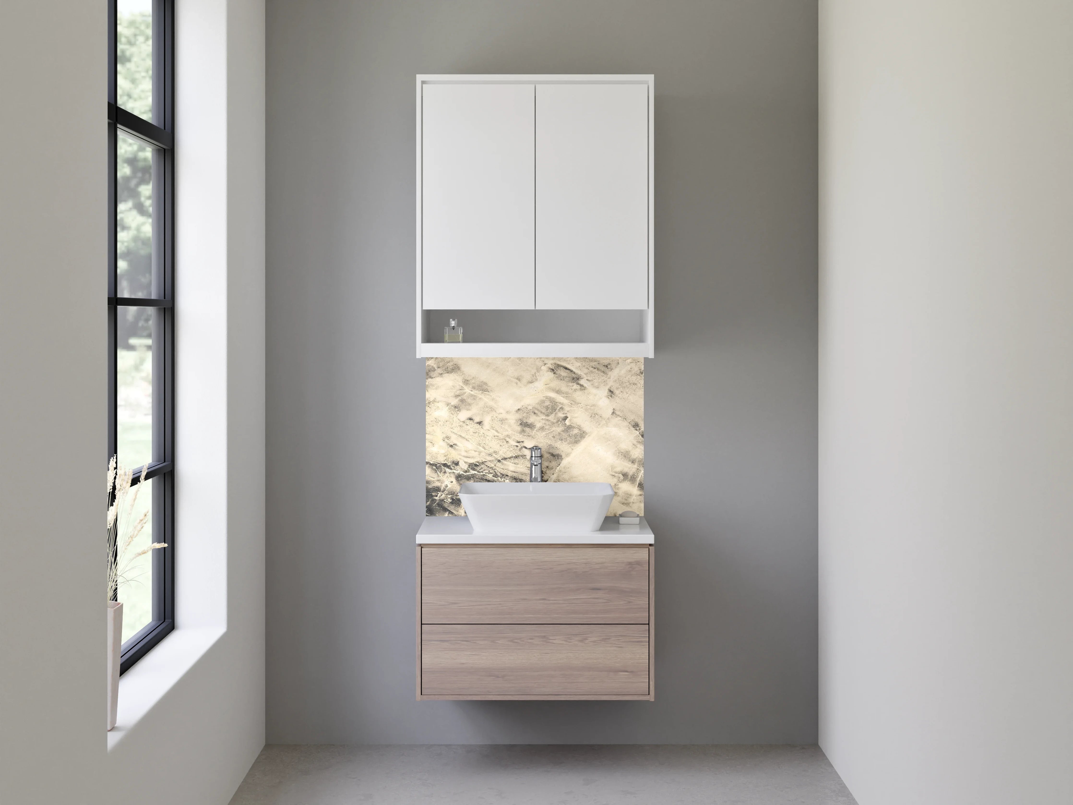 Waschbecken-Rückwand - Edler Marmor in Weiß und Beige