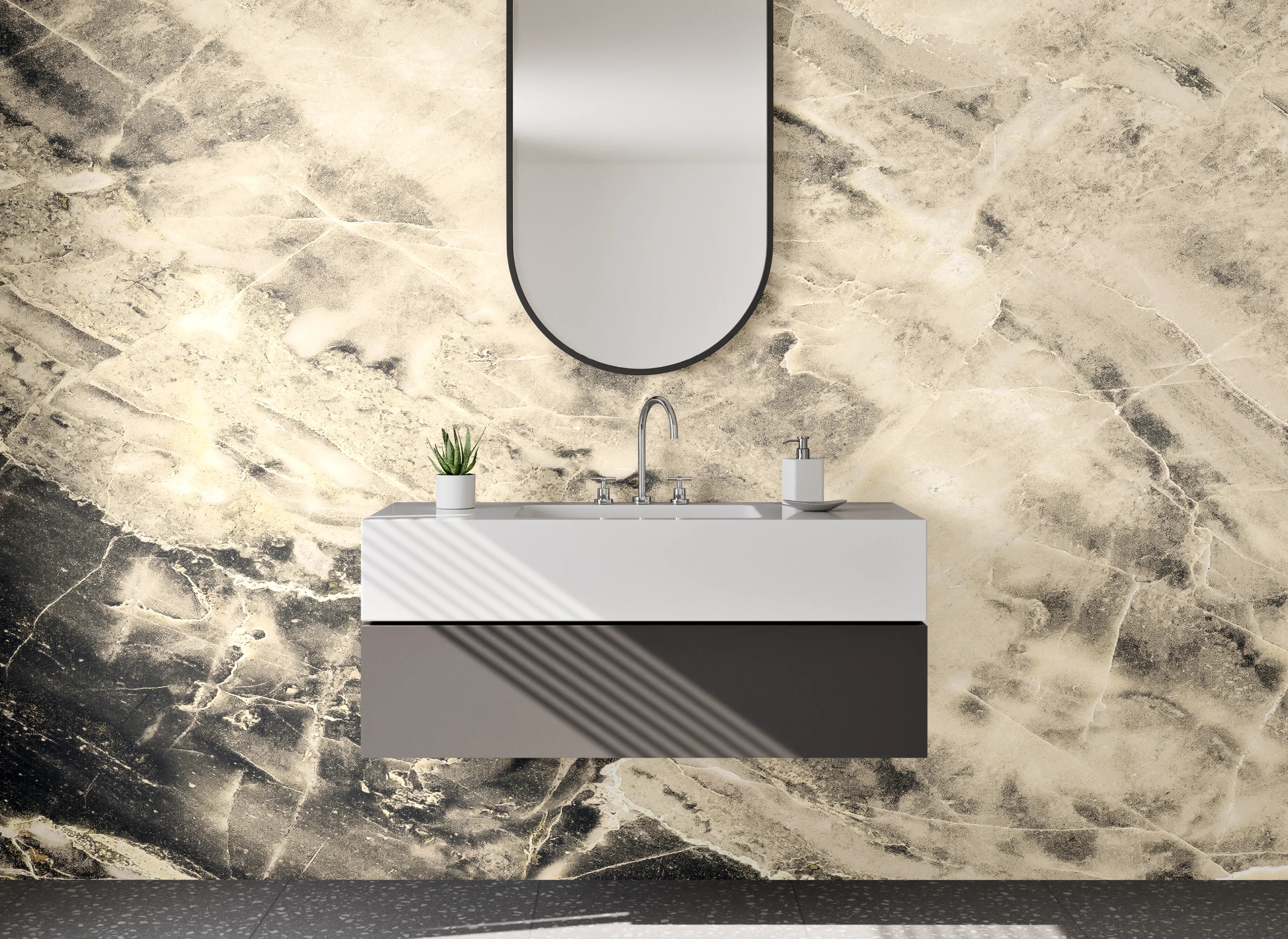 Waschbecken-Rückwand - Edler Marmor in Weiß und Beige