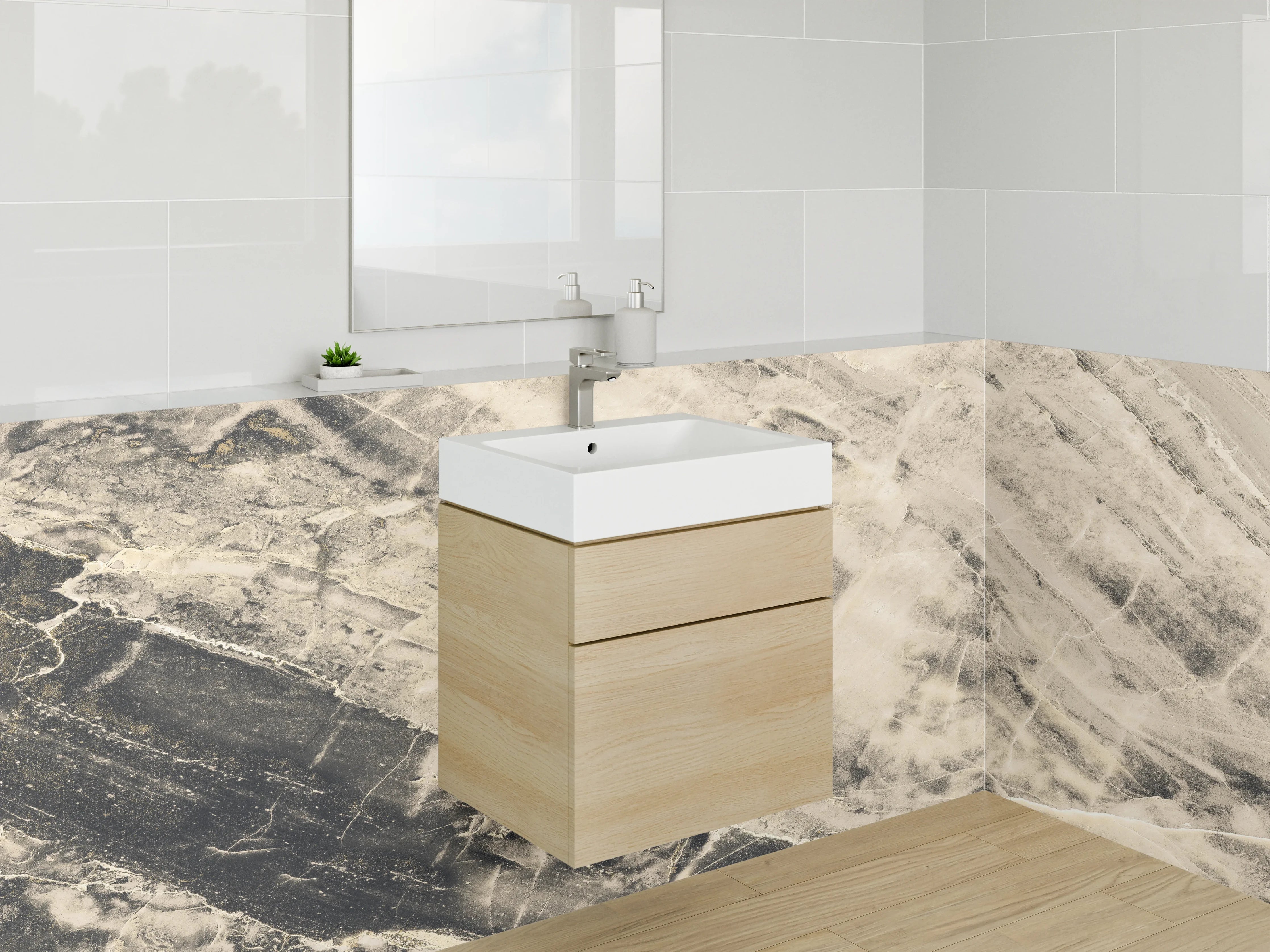 Waschbecken-Rückwand - Edler Marmor in Weiß und Beige