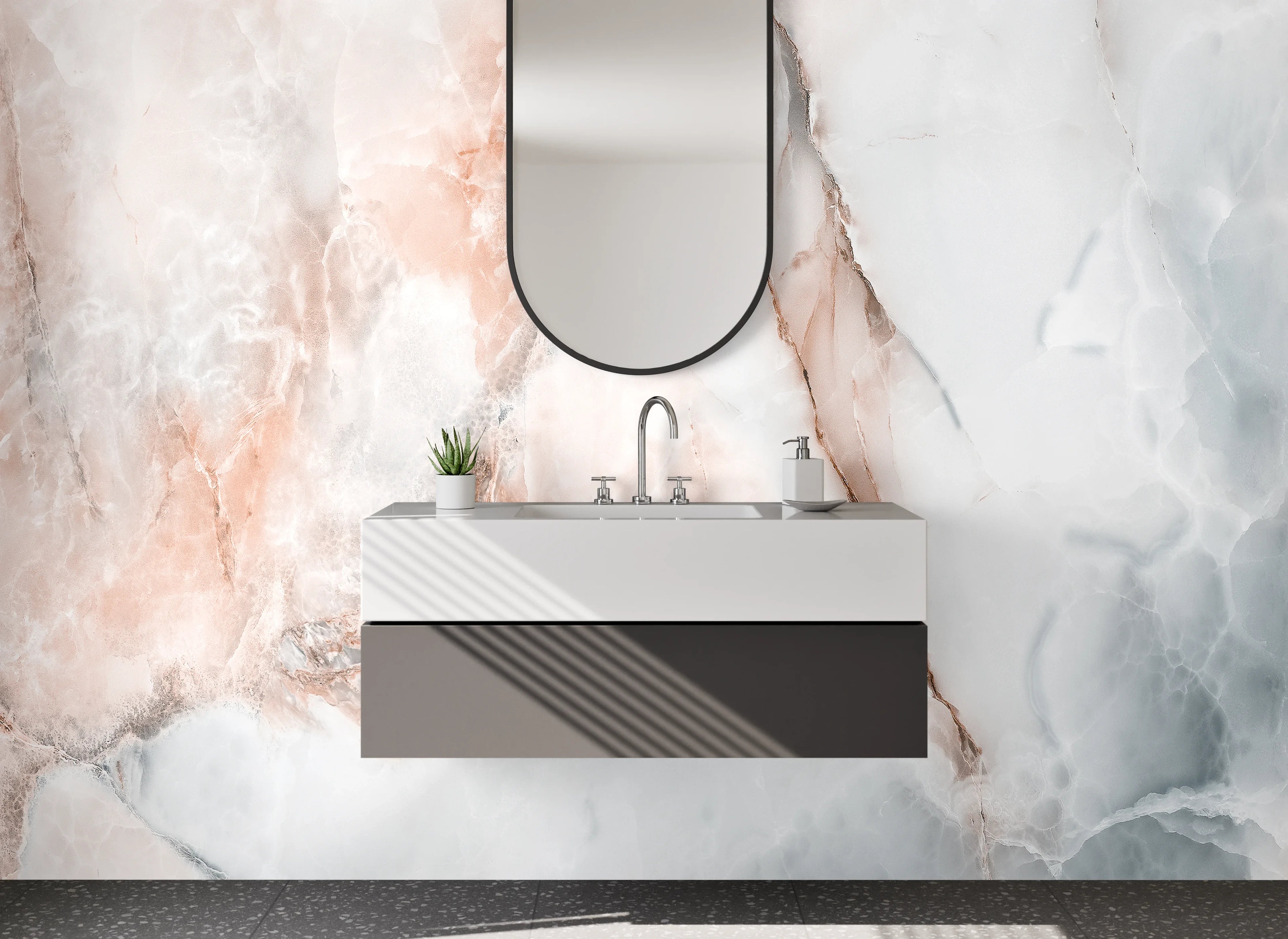 Waschbecken-Rückwand - Edler Marmor in Weiß und Rosa