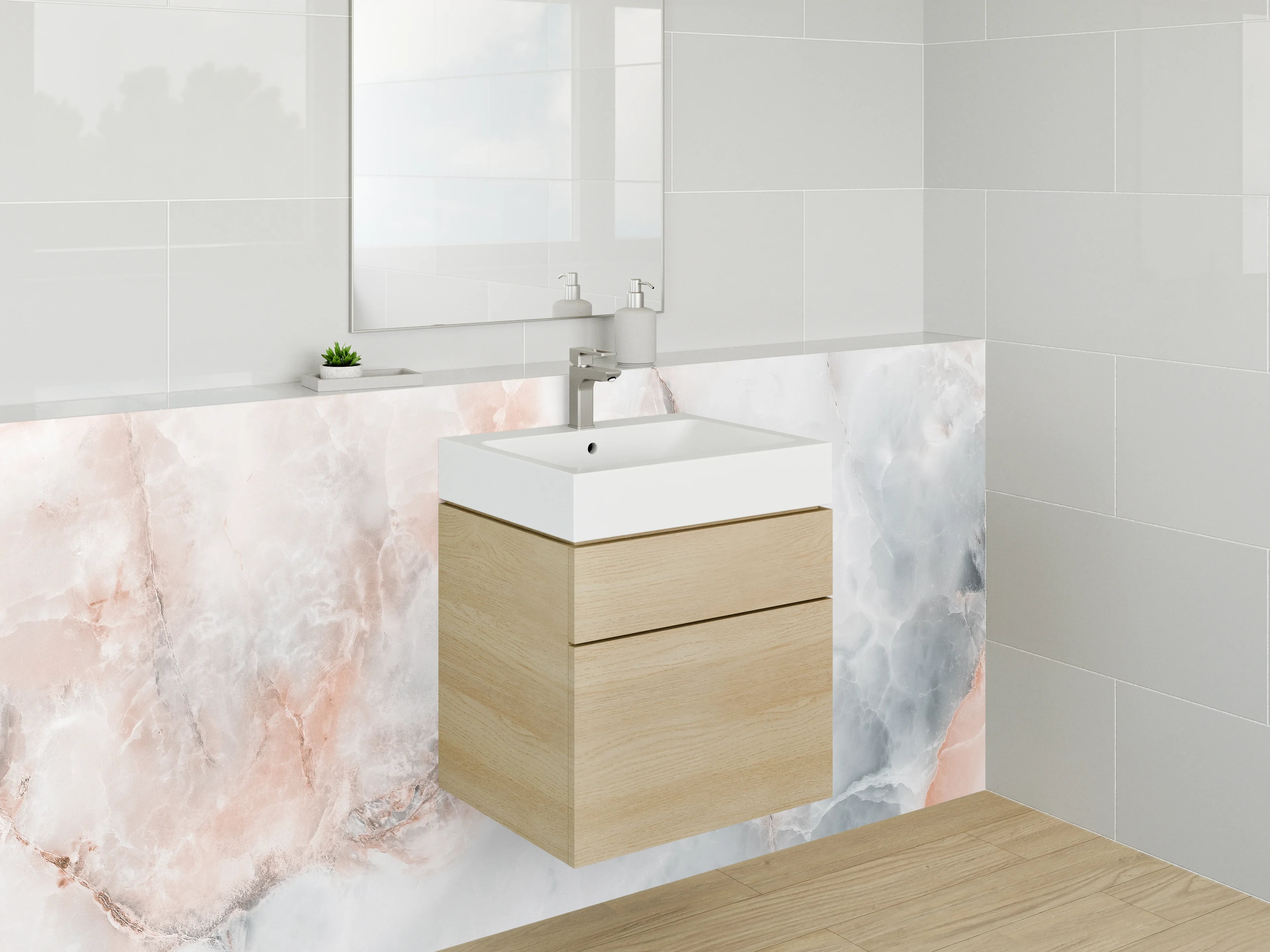 Waschbecken-Rückwand - Edler Marmor in Weiß und Rosa