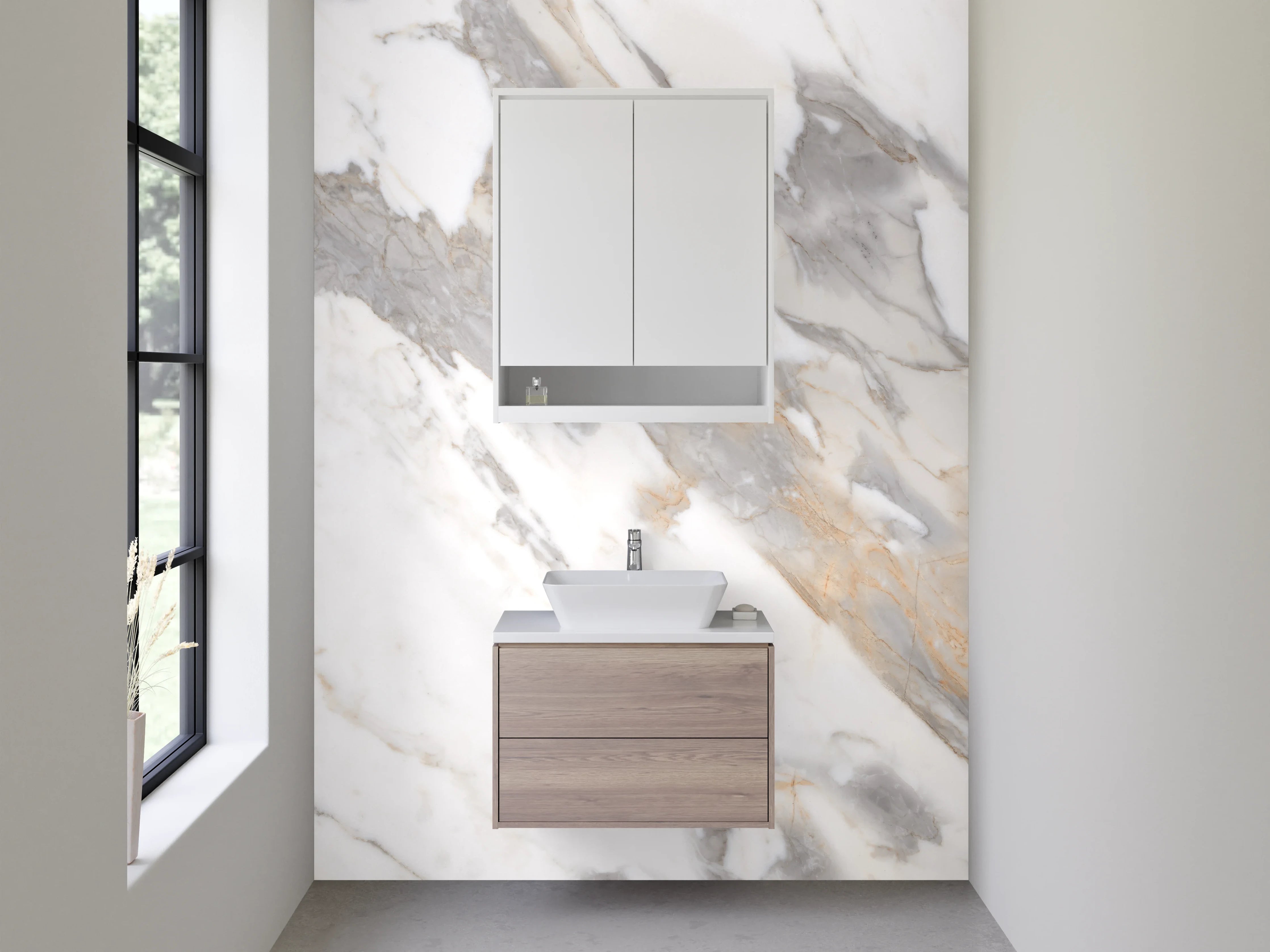 Waschbecken-Rückwand - Edler Marmordekor in Weiß und Grau