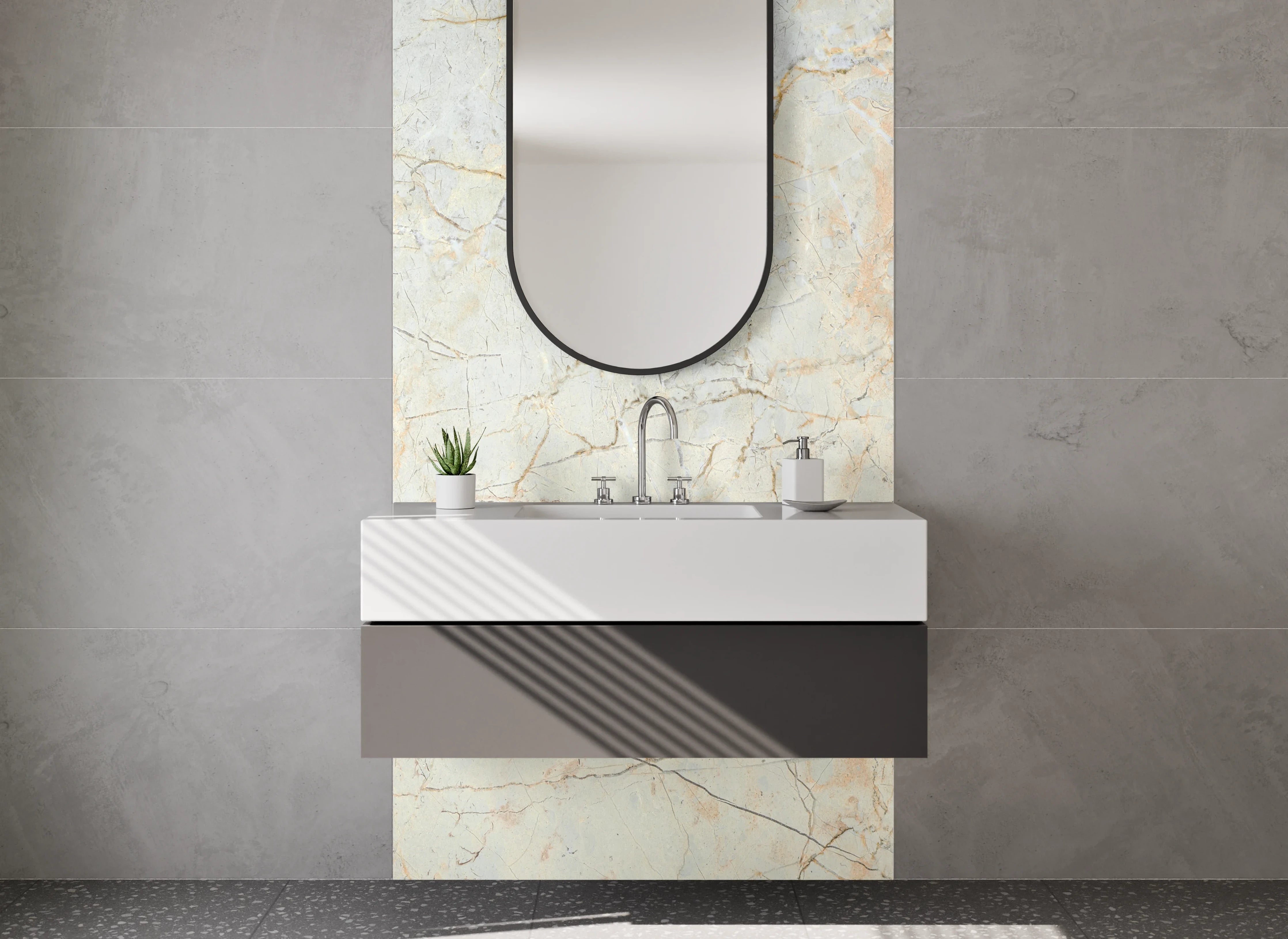 Waschbecken-Rückwand - Edler Marmorlook in Weiß und Beige