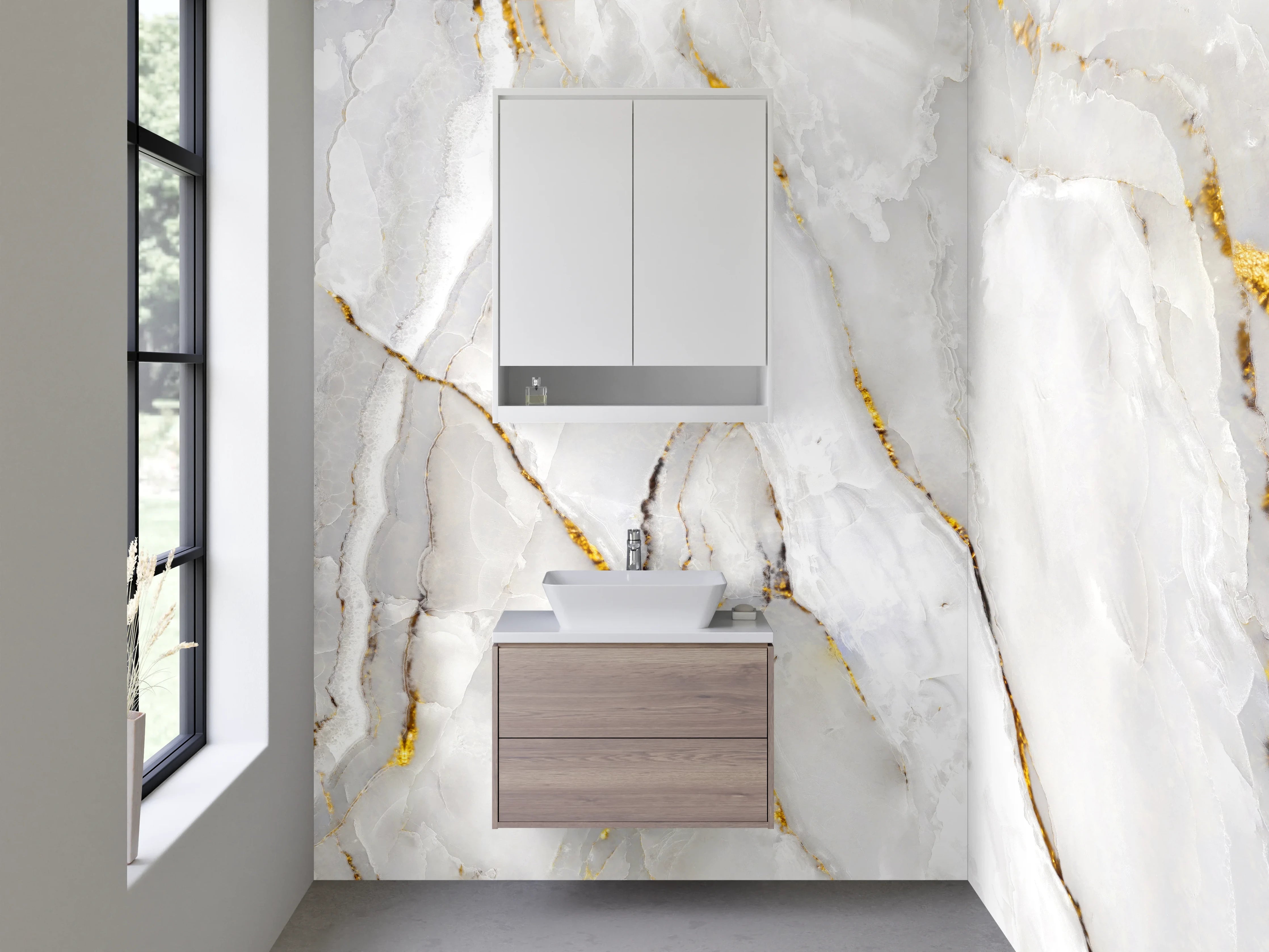 Waschbecken-Rückwand - Edler Weiß-Grau-Gold Marmor Look