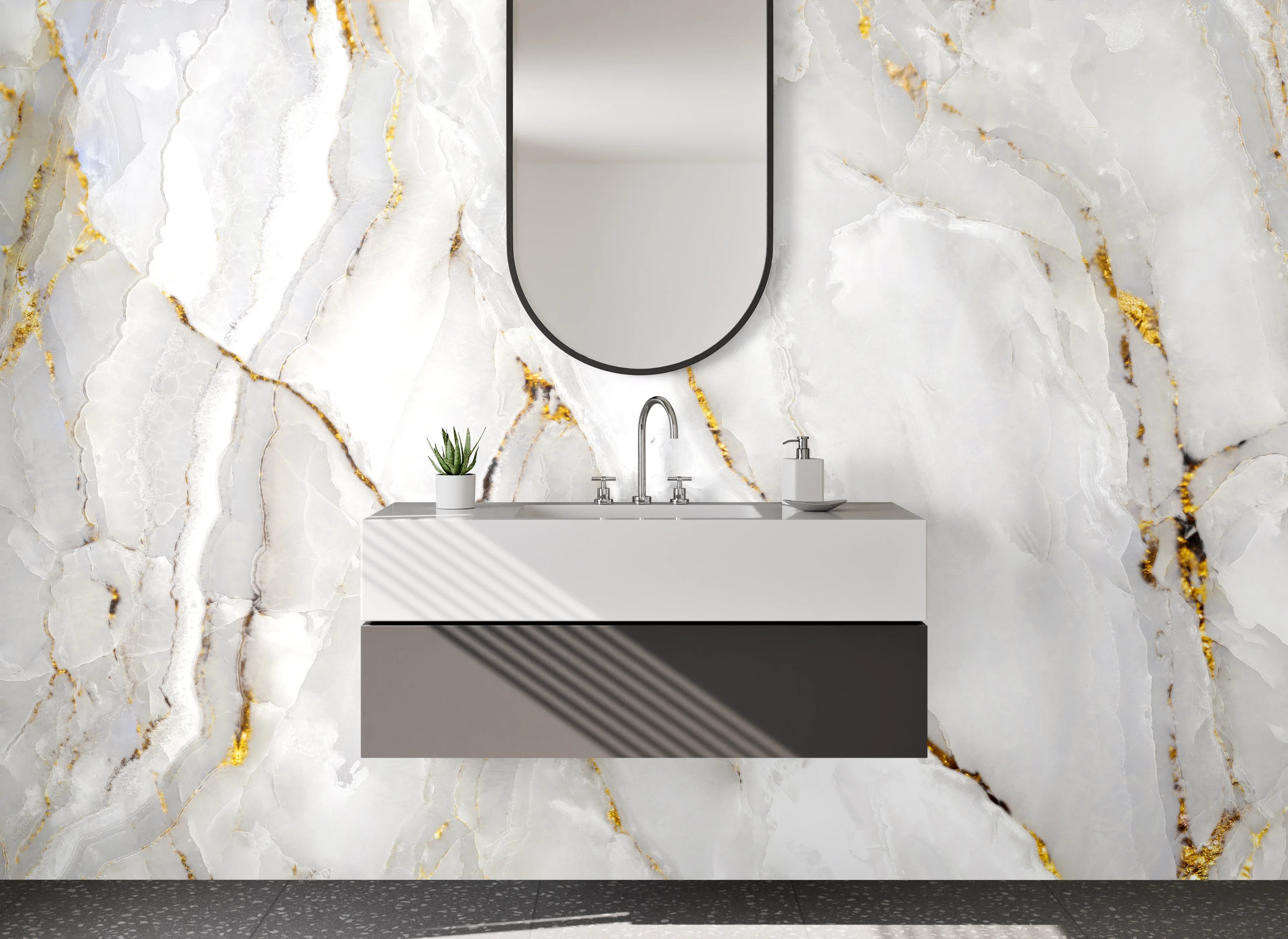 Waschbecken-Rückwand - Edler Weiß-Grau-Gold Marmor Look