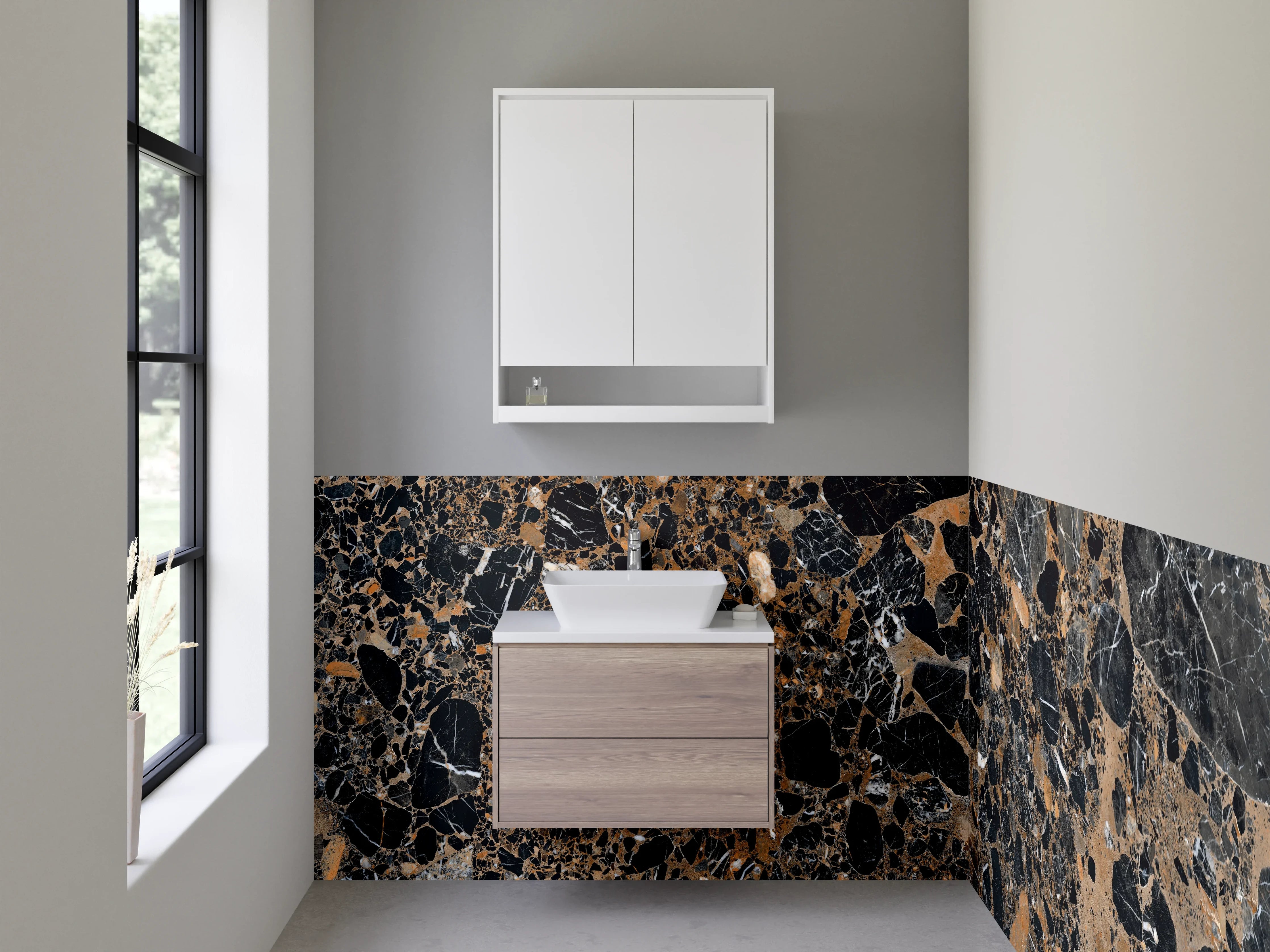 Waschbecken-Rückwand - Edler schwarzer Marmor mit braunen Adern