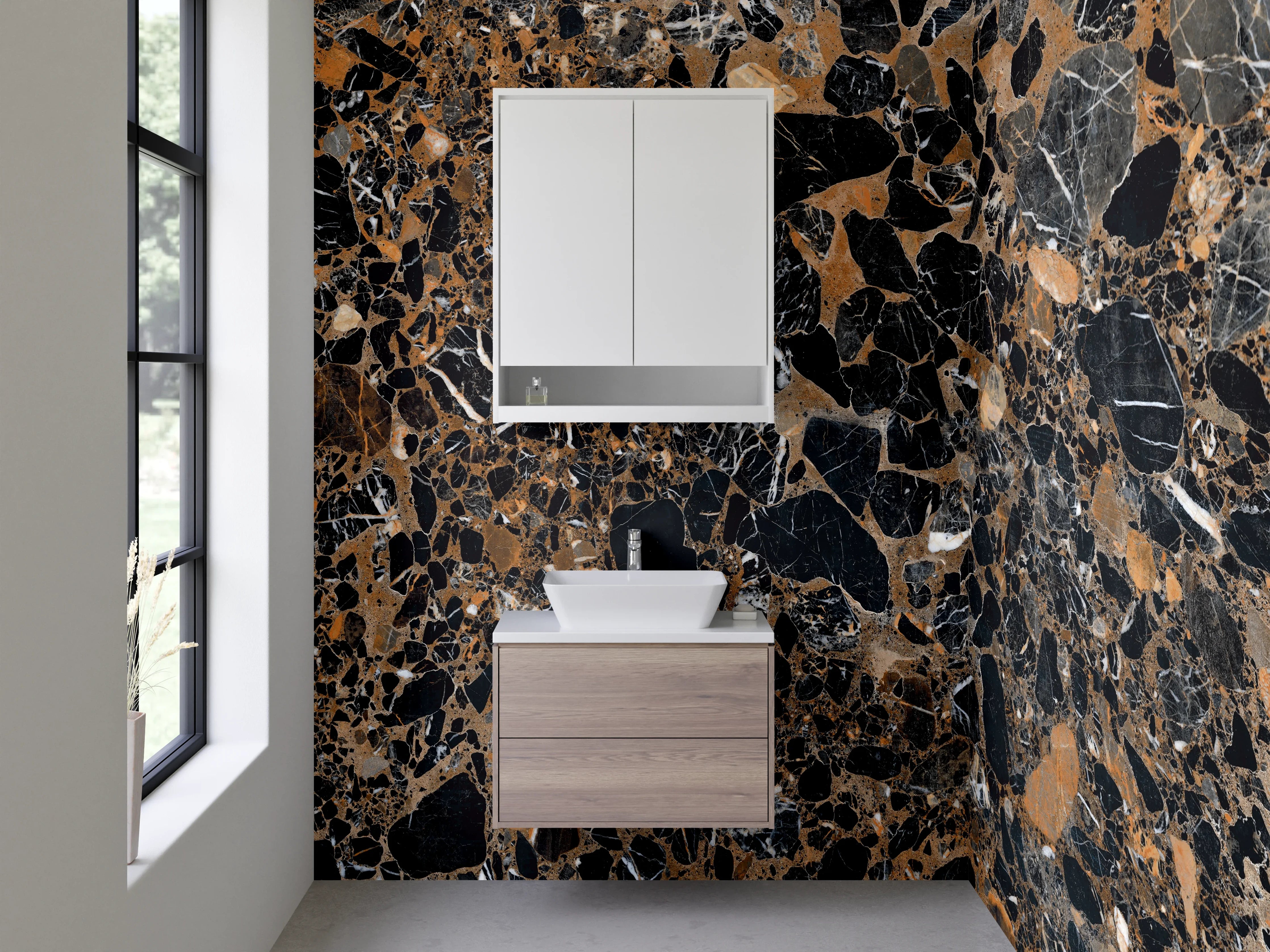 Waschbecken-Rückwand - Edler schwarzer Marmor mit braunen Adern