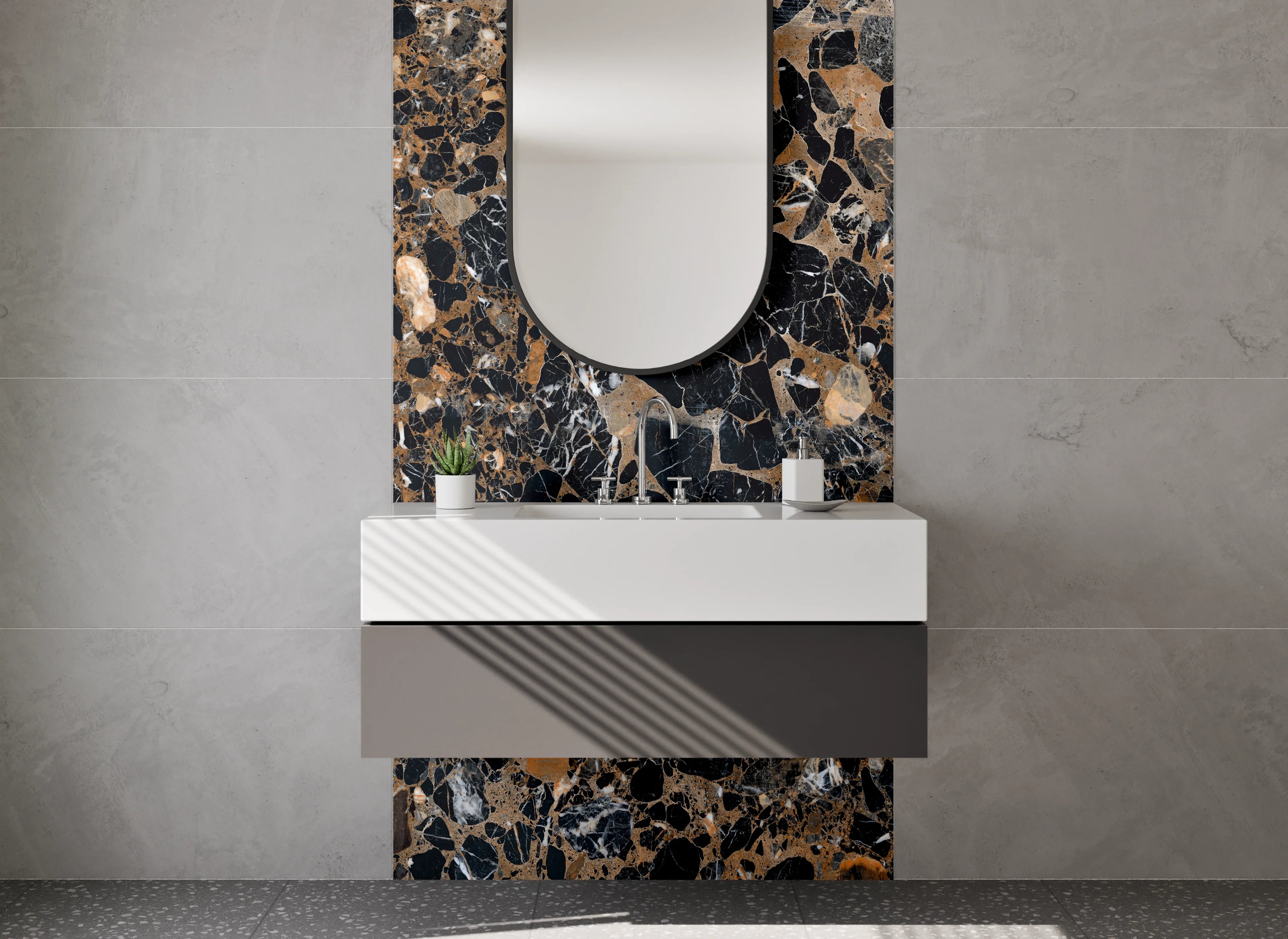 Waschbecken-Rückwand - Edler schwarzer Marmor mit braunen Adern