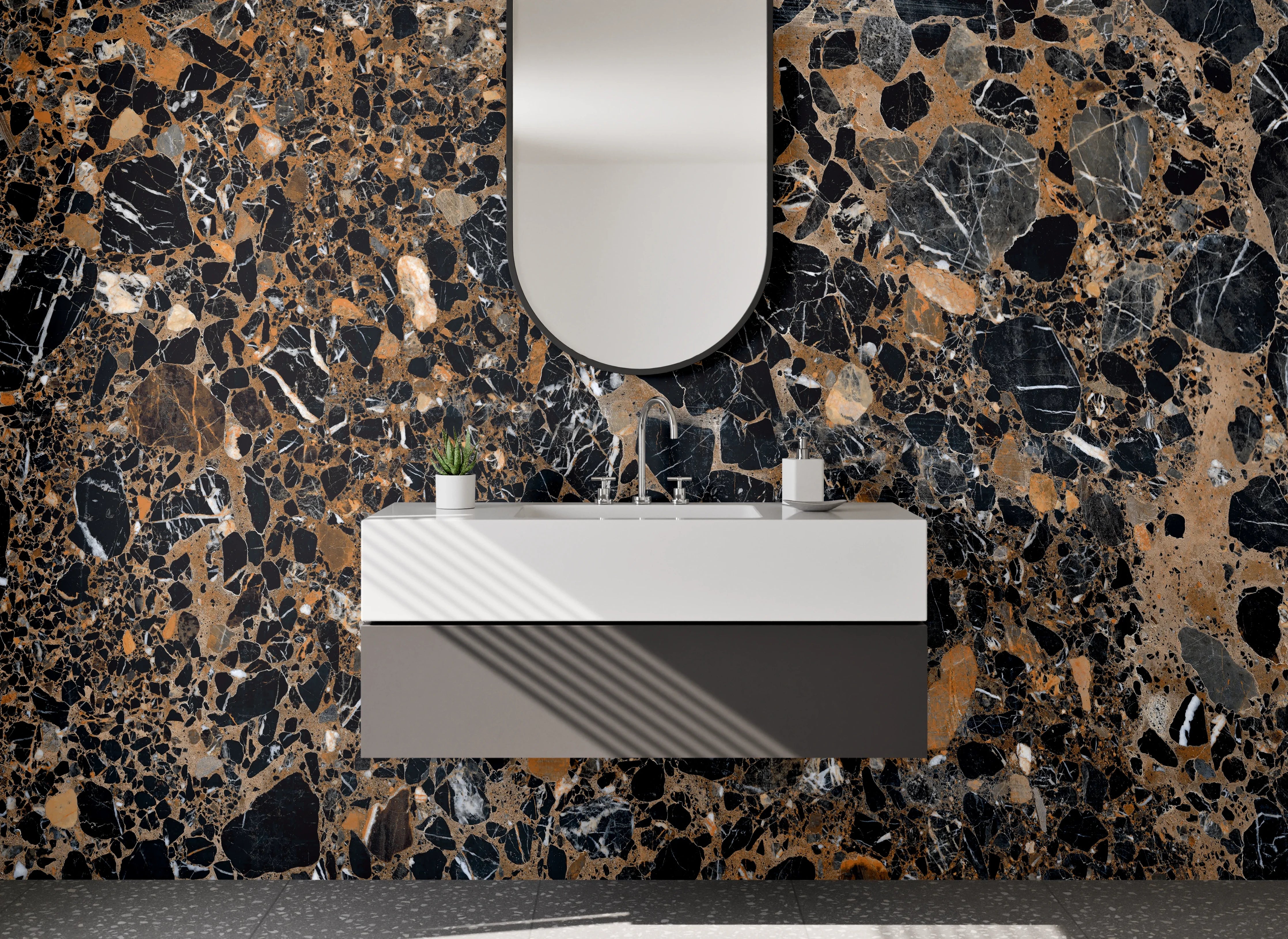 Waschbecken-Rückwand - Edler schwarzer Marmor mit braunen Adern