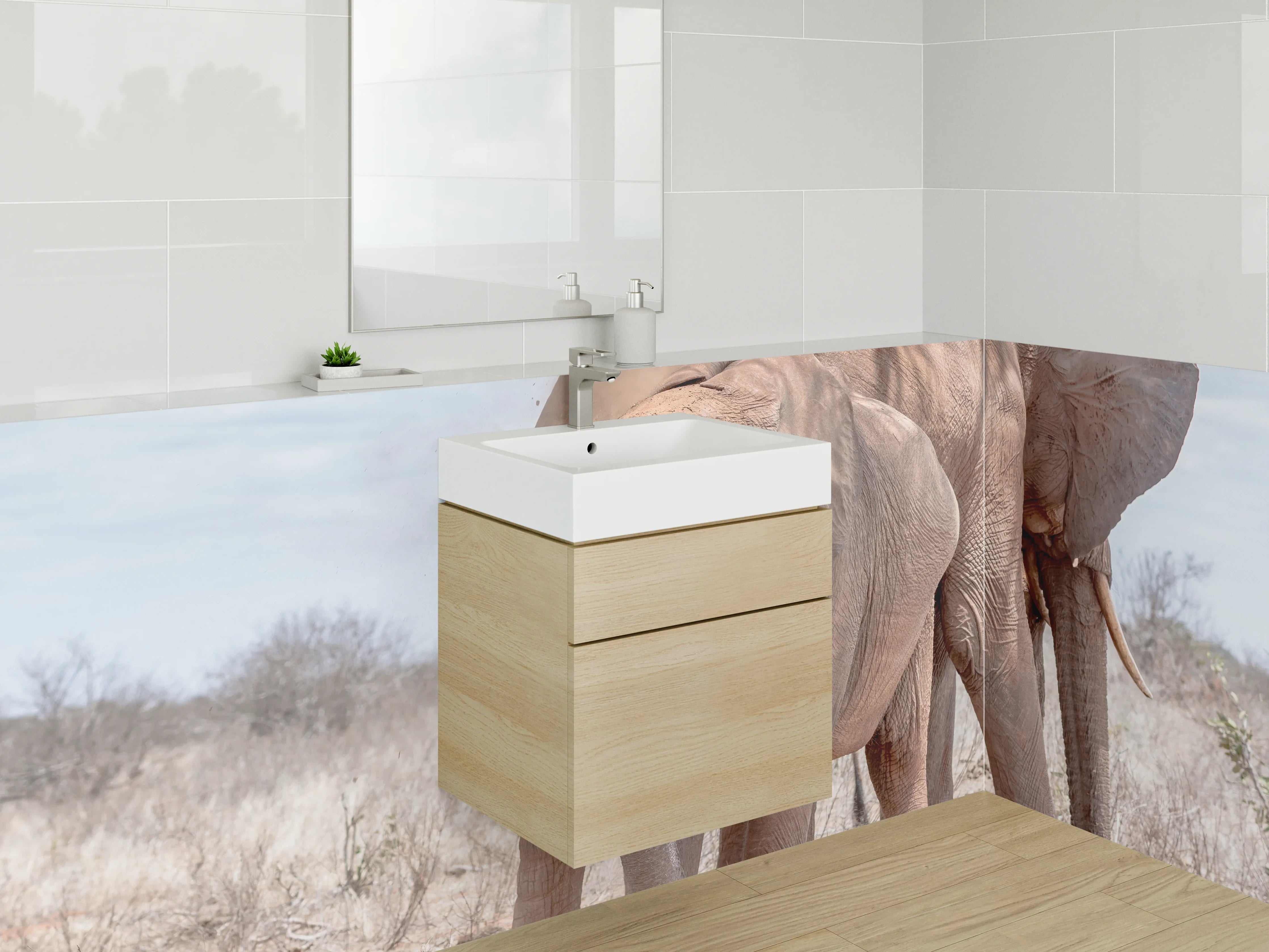 Waschbecken-Rückwand - Elefanten in der Savanne – Naturmotiv