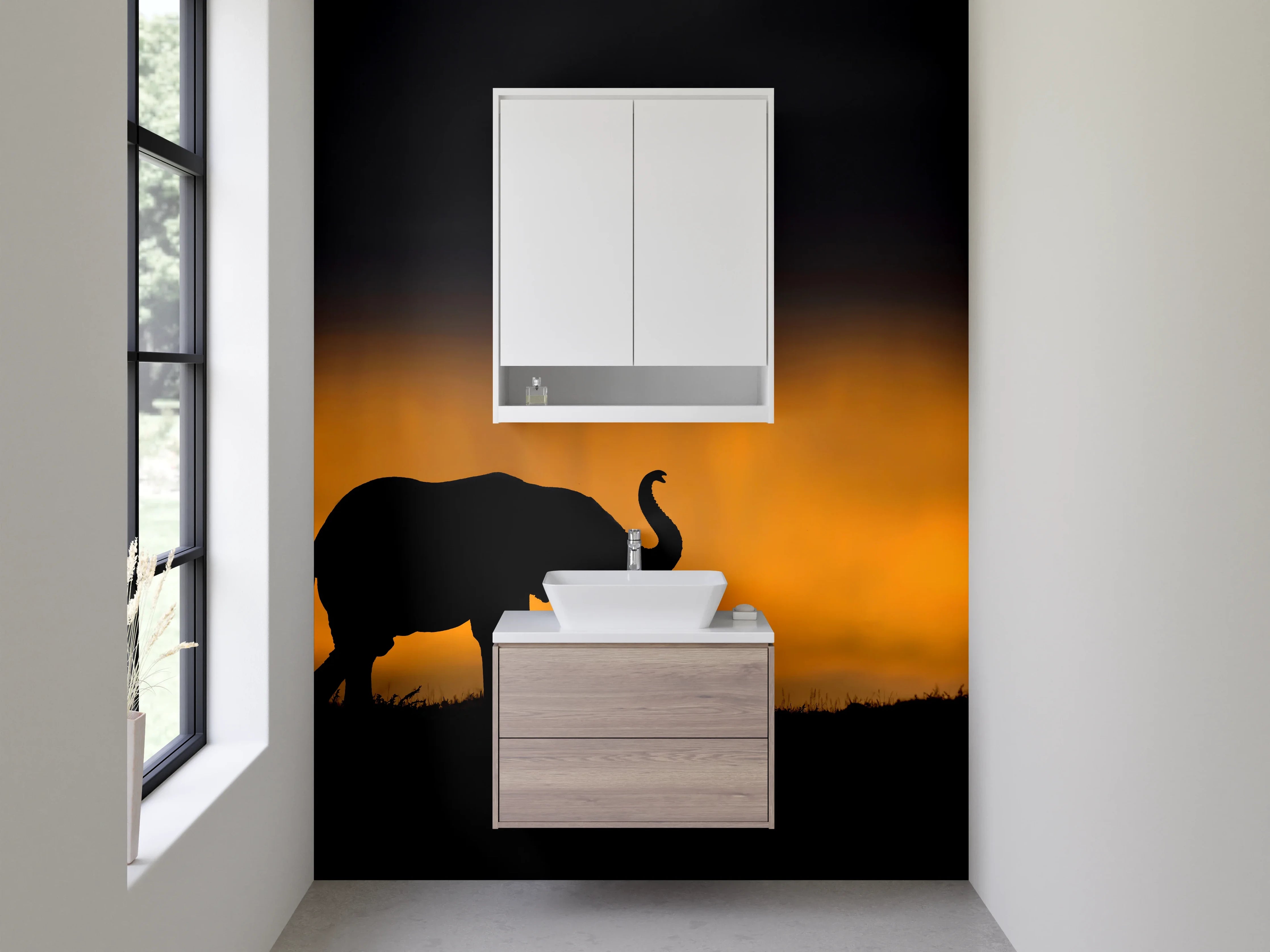 Waschbecken-Rückwand - Elefantensilhouette Sonnenuntergang Savanne