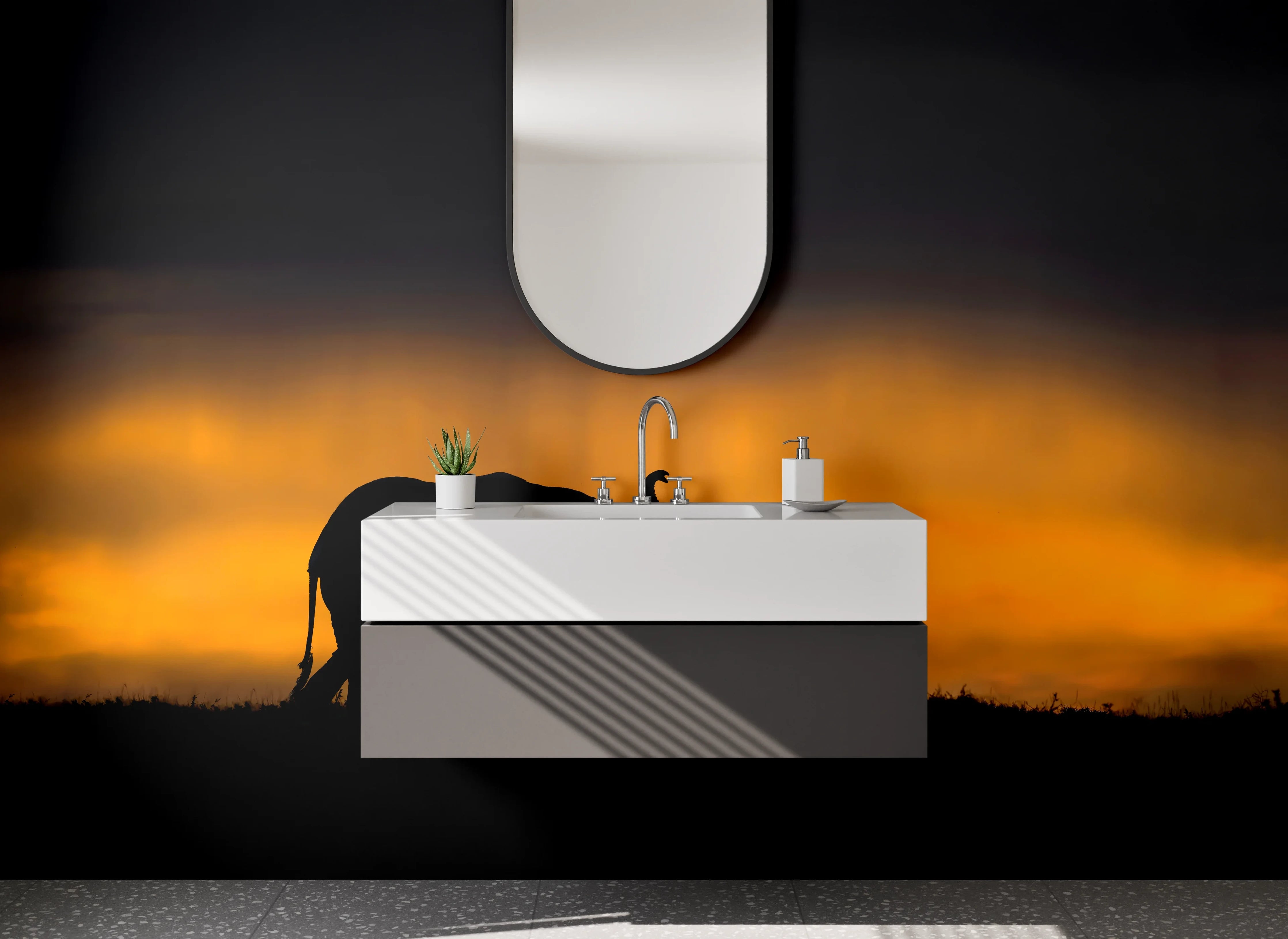 Waschbecken-Rückwand - Elefantensilhouette Sonnenuntergang Savanne