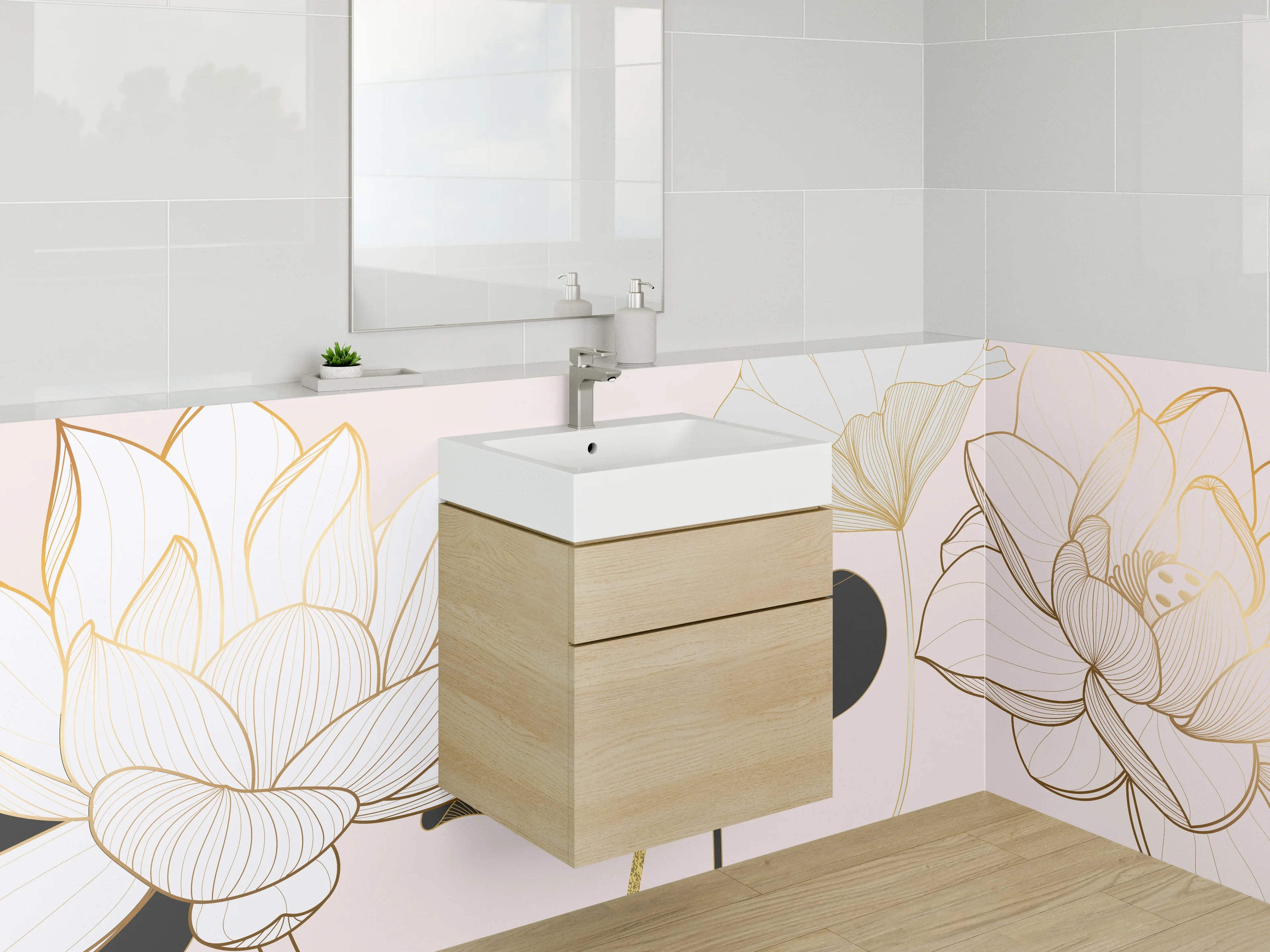 Waschbecken-Rückwand - Elegant Blüten-Design in Sanften Pastelltönen