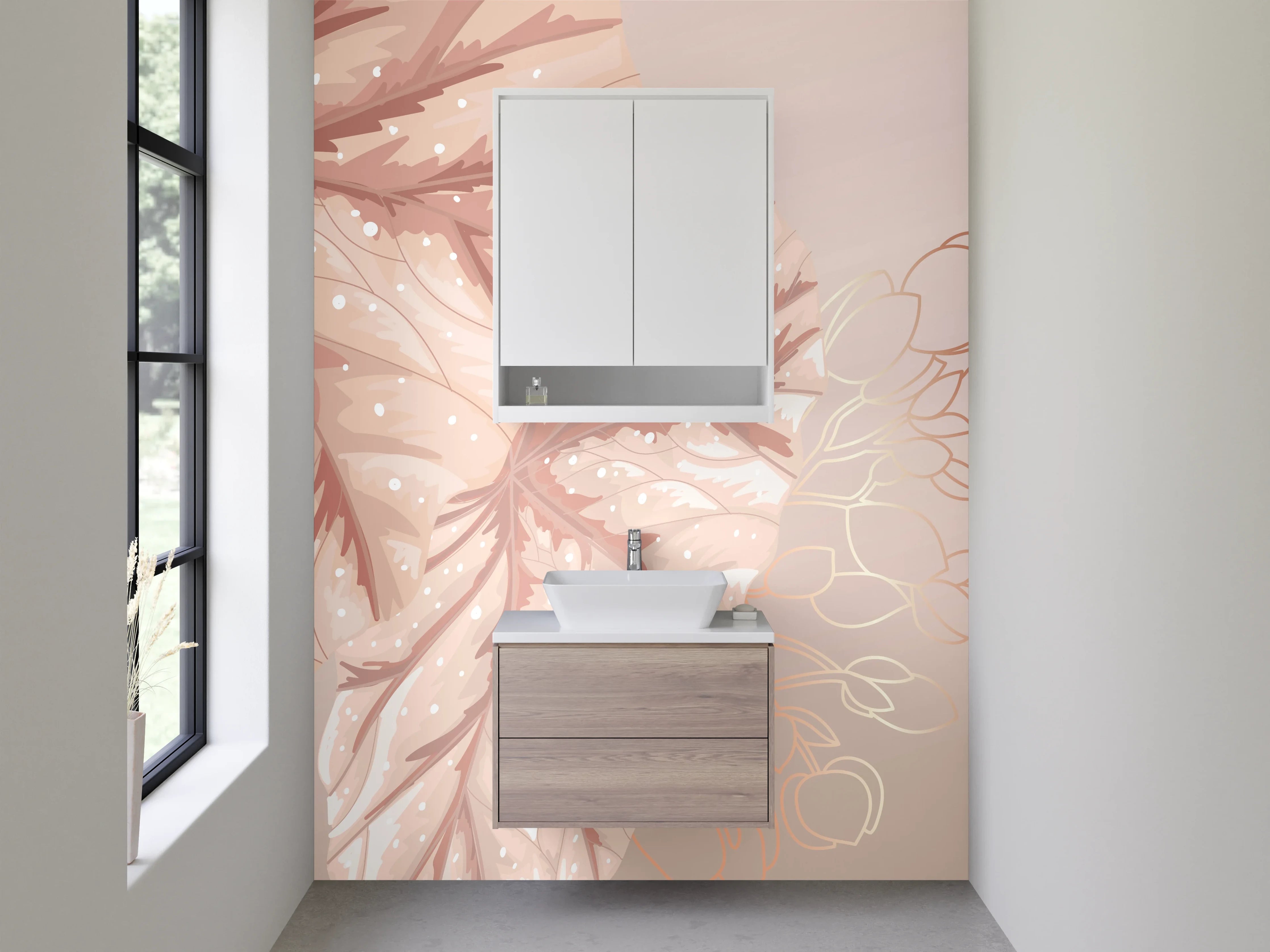 Waschbecken-Rückwand - Elegante Blätter Aquarell Pastellrosa