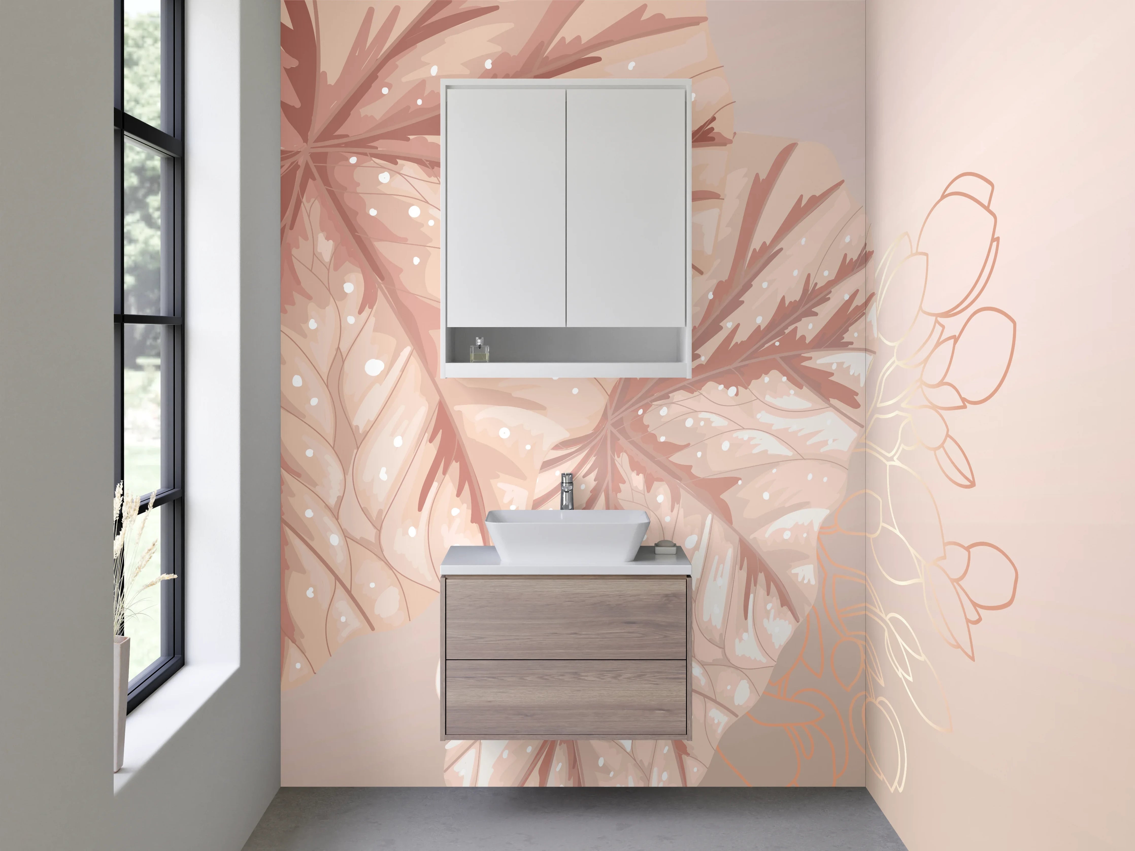 Waschbecken-Rückwand - Elegante Blätter Aquarell Pastellrosa