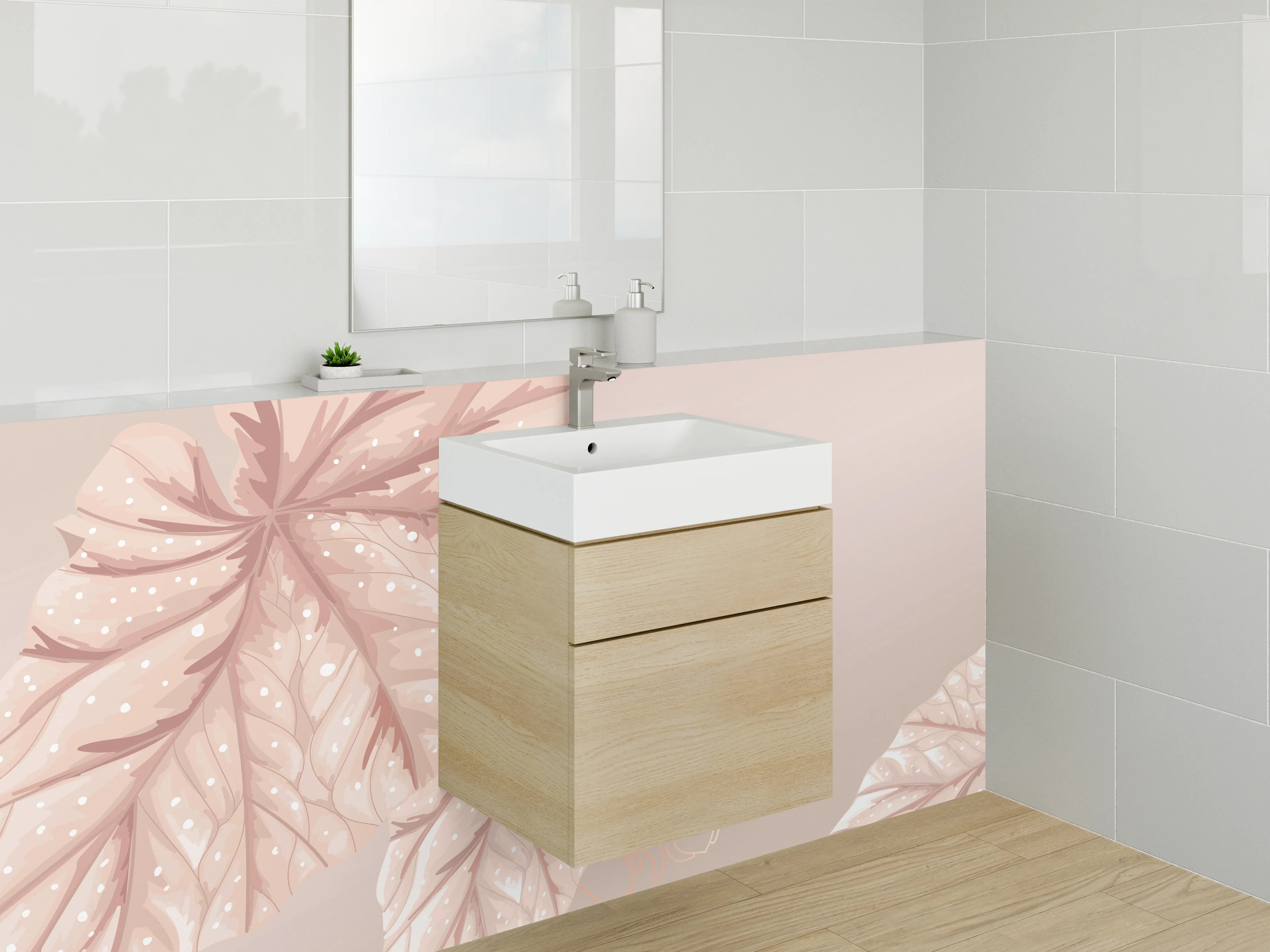 Waschbecken-Rückwand - Elegante Blätter Aquarell Pastellrosa