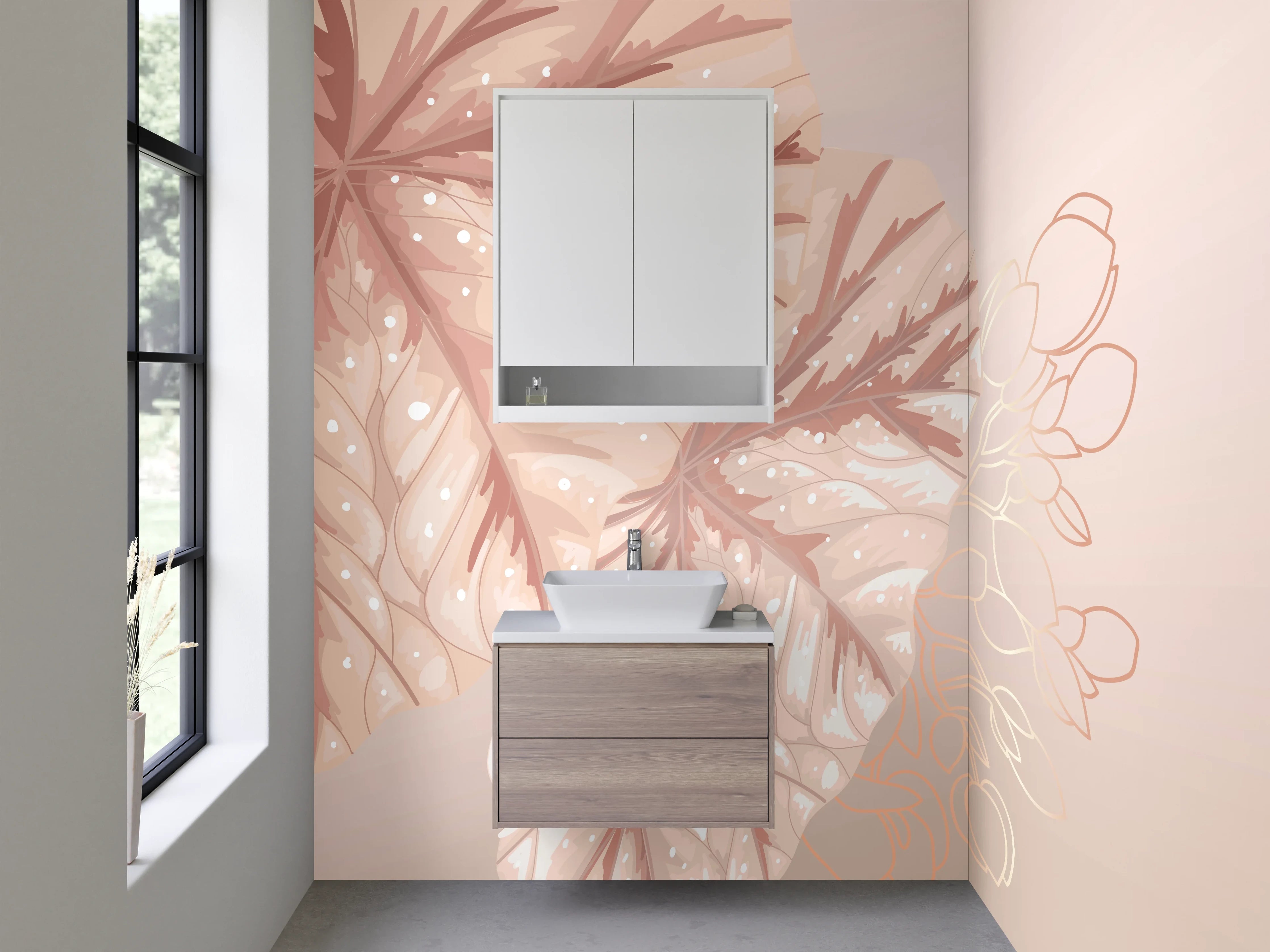 Waschbecken-Rückwand - Elegante Blätter Illustration Beige Rosa